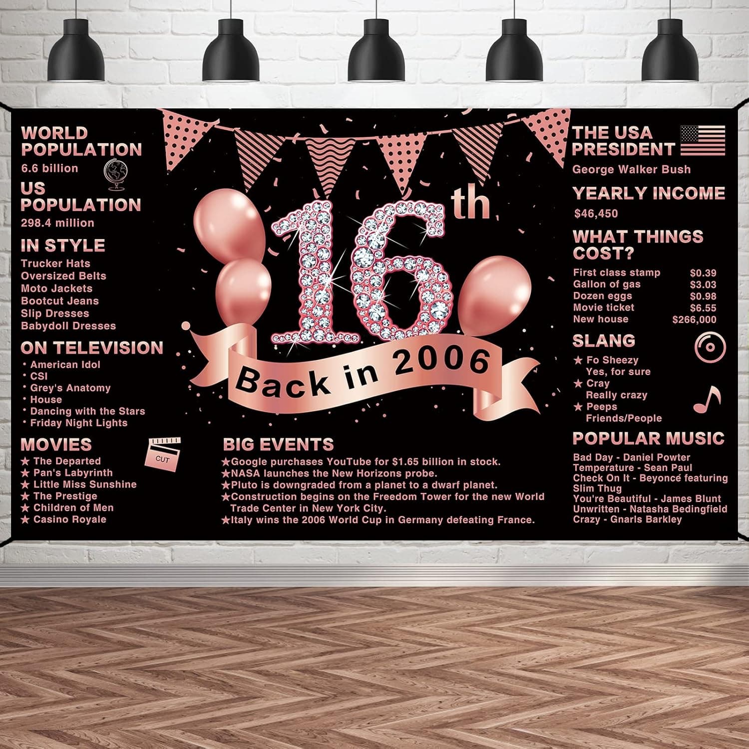Pimvimcim 16th Birthday Banner Backdrop Decorations for Girls, Large Back in 2005 Happy 16 Year Old Birthday Party Poster Sign Supplies, Rose Gold Sixteen Birthday Party Decor for Outdoor Indoor