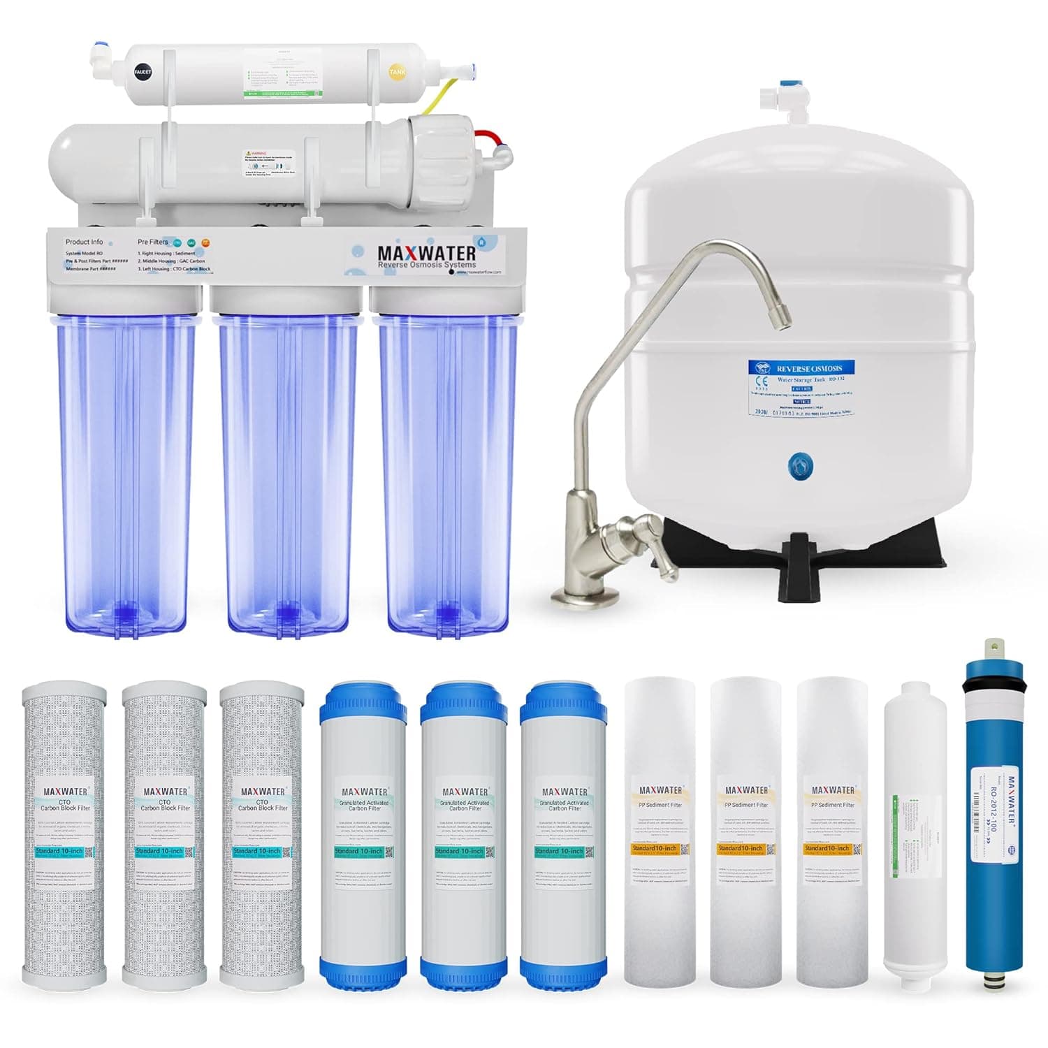 Max Water 5 Stage 50 GPD (Gallon Per Day) RO (Reverse Osmosis) Standard Water Filtration System + Faucet + Heavy Duty Tank + Replacement Filter Cartridge - Under-Sink/Wall Mount