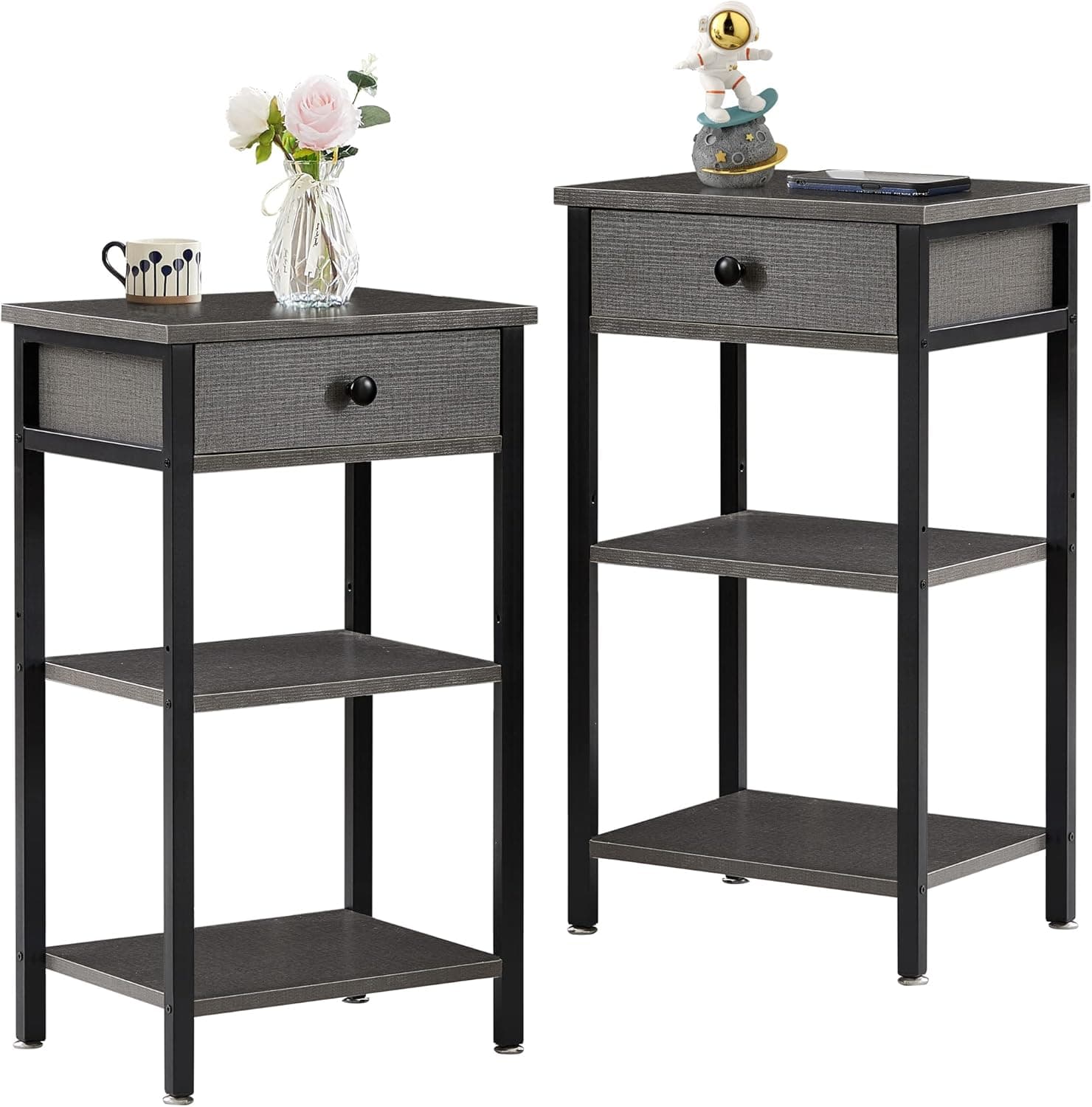 VECELO Modern, Tall Nightstands Set of 2 with 3-Layer Storage Small Spaces, Living Room,Easy Assembly,Hemp Gray, End Table with Shelf