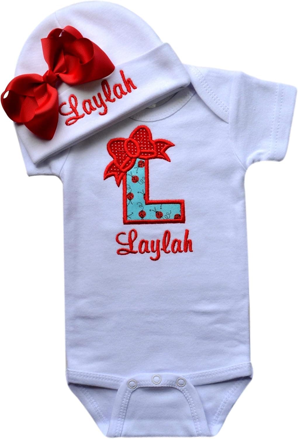 Baby Girl Embroidered INITIAL Bodysuit and MATCHING Grosgrain Bow Hat Personalized with Your Custom NAME