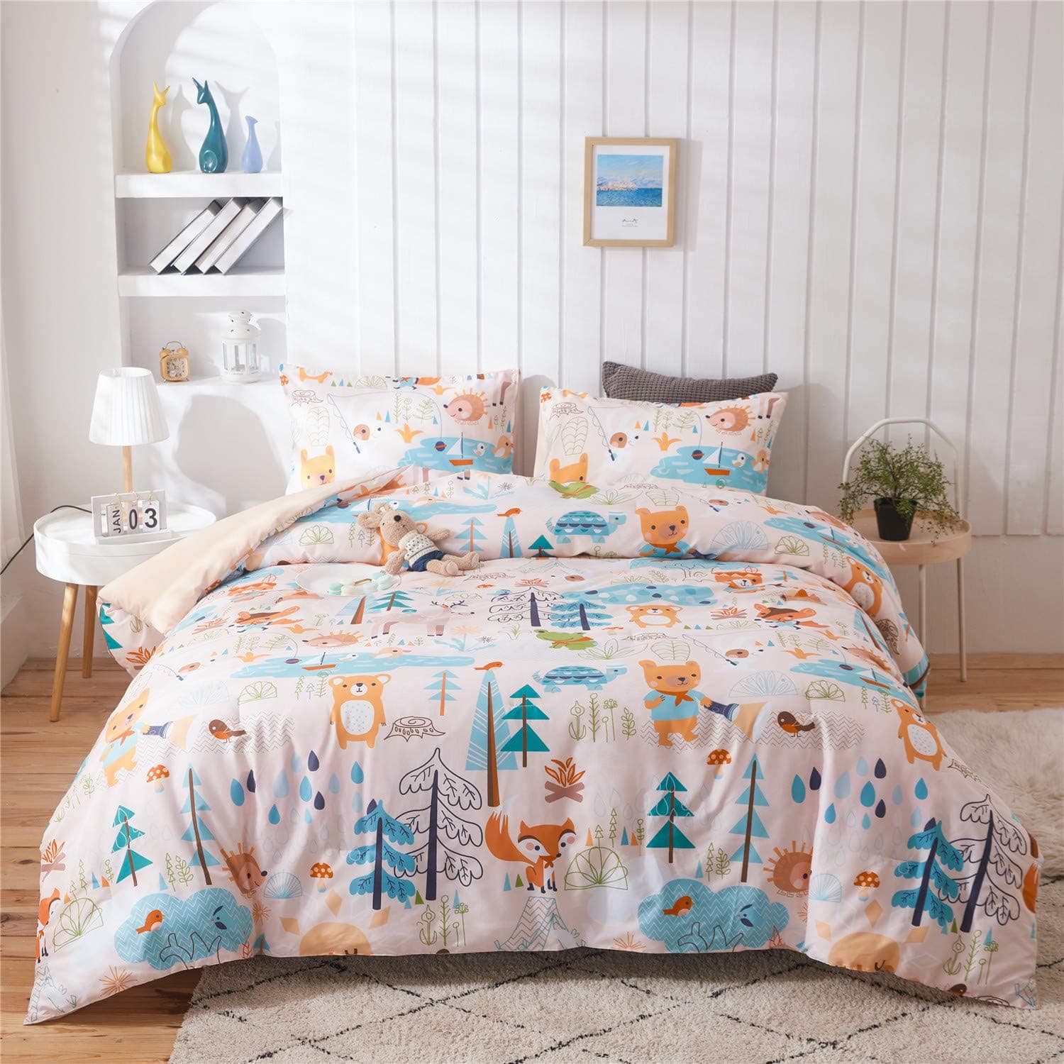 Holawakaka Kids Forest Comforter Set Queen Size Boys Girls Cute Cartoon Woodlands Bedding Sets Animal Bear Fox Rabbit Tree Printed Bedspread (Pink, Queen)