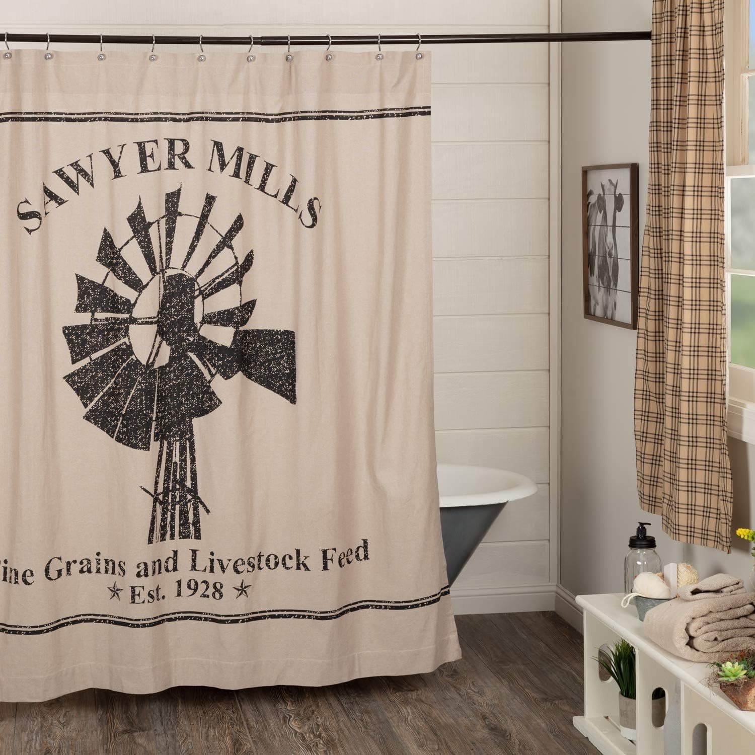 VHC Brands Farmhouse Bath-Sawyer Mill Tan Shower Curtain, 72x72, Charcoal Windmill