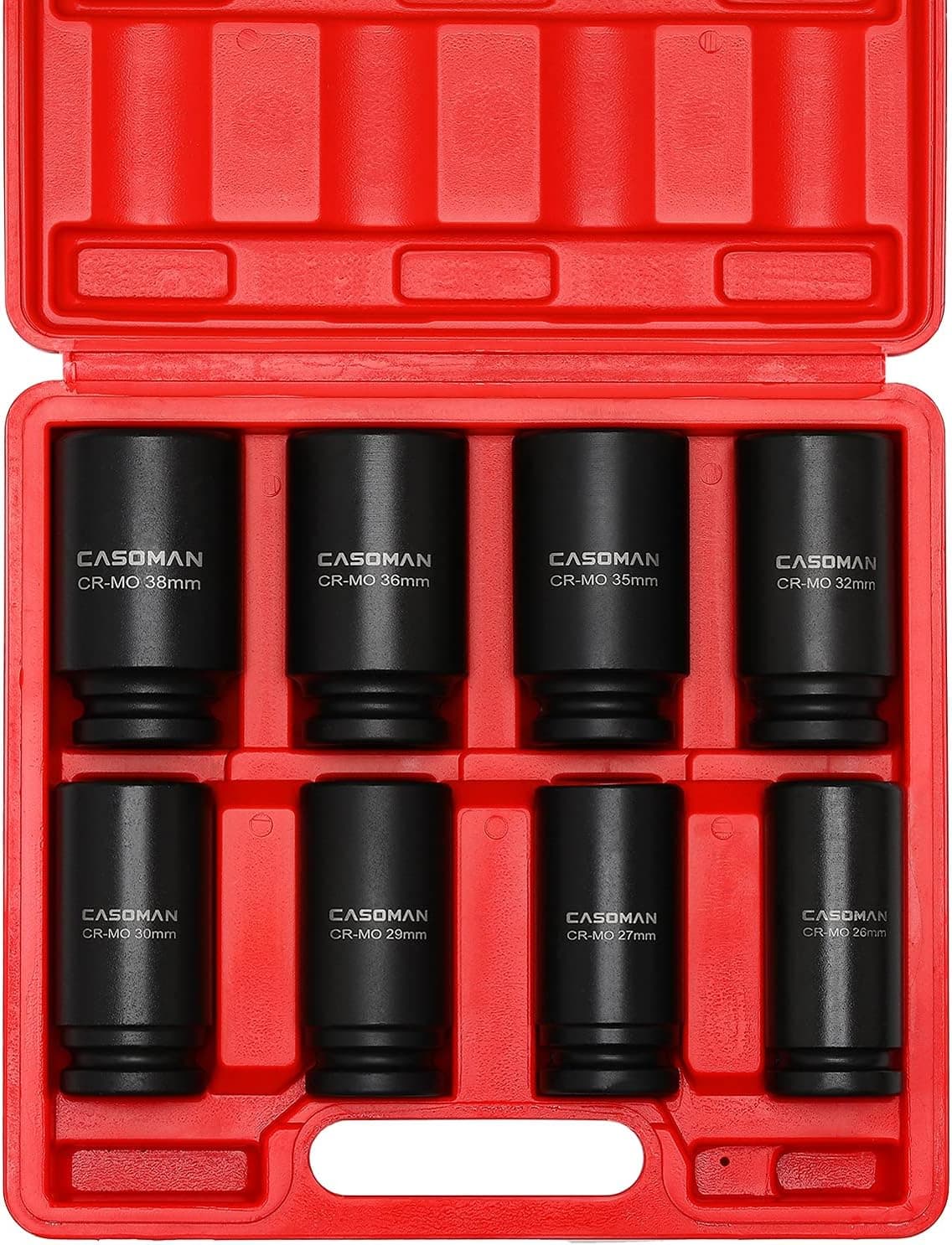 CASOMAN 8 Pieces 3/4-Inch Drive Deep Impact Socket Set, CR-MO, Metric, 6-Point, 26mm to 38mm, Radius Corner Design, 3/4" Dr. Heavy Duty Impact Socket Set.