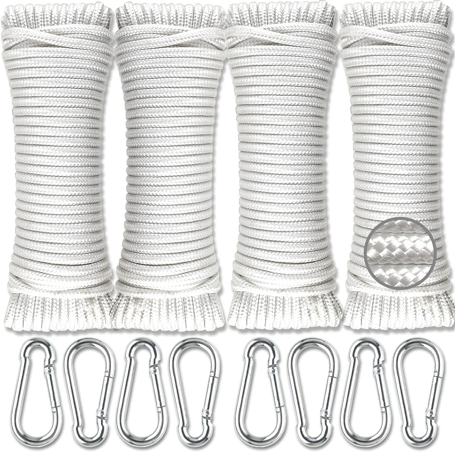 Wellmax Diamond Braided Polypropylene Rope with UV Treatment and Weather Resistant, 4 Pack 3/16 inch x 50ft White and 8 Bonus Spring Links