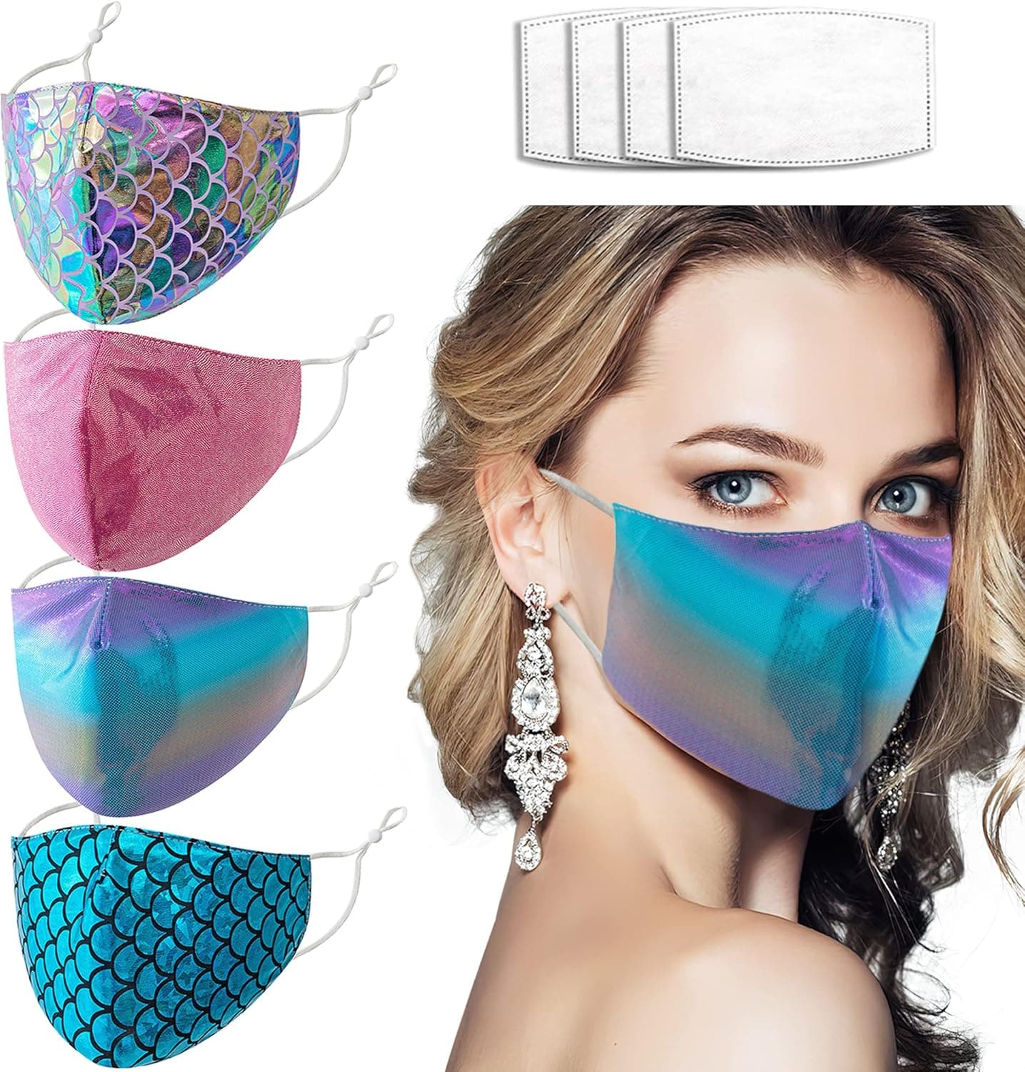 Sparkly Bling Mermaid Masks Holographic Laser Reflective Rainbow Fish Scales Face Coverings with Ear Loops Stylish Fabric Clothes for Women Girls Party Costume Accessories