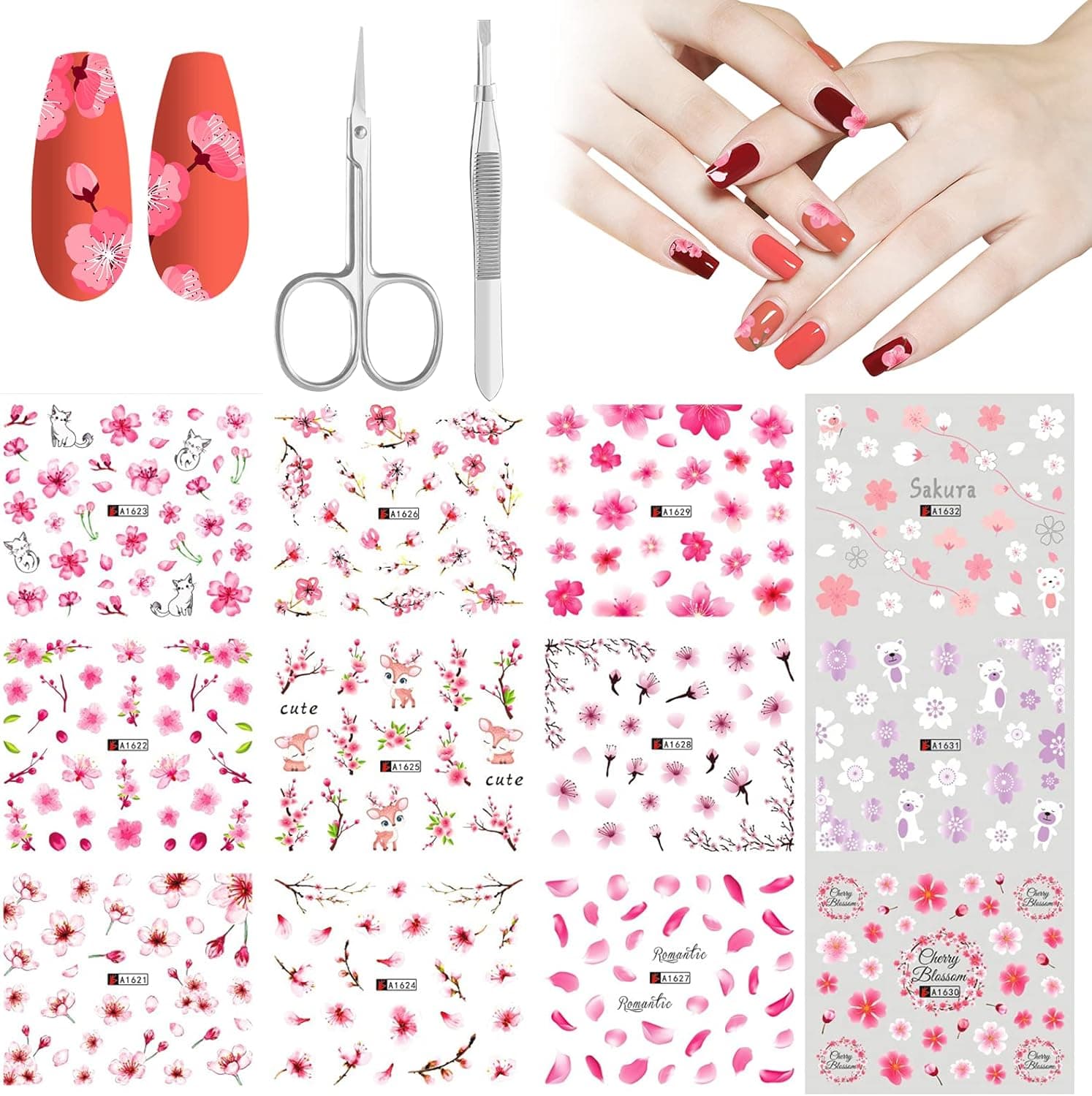 Flower Nail Stickers, yocrovv 12 PCS Pink Cherry BlossomsNail Art Decals Transfer Foils for Women Teens Girls for Nails Supplies DIY Nail Art Manicure Decorations with Scissors & Tweezers
