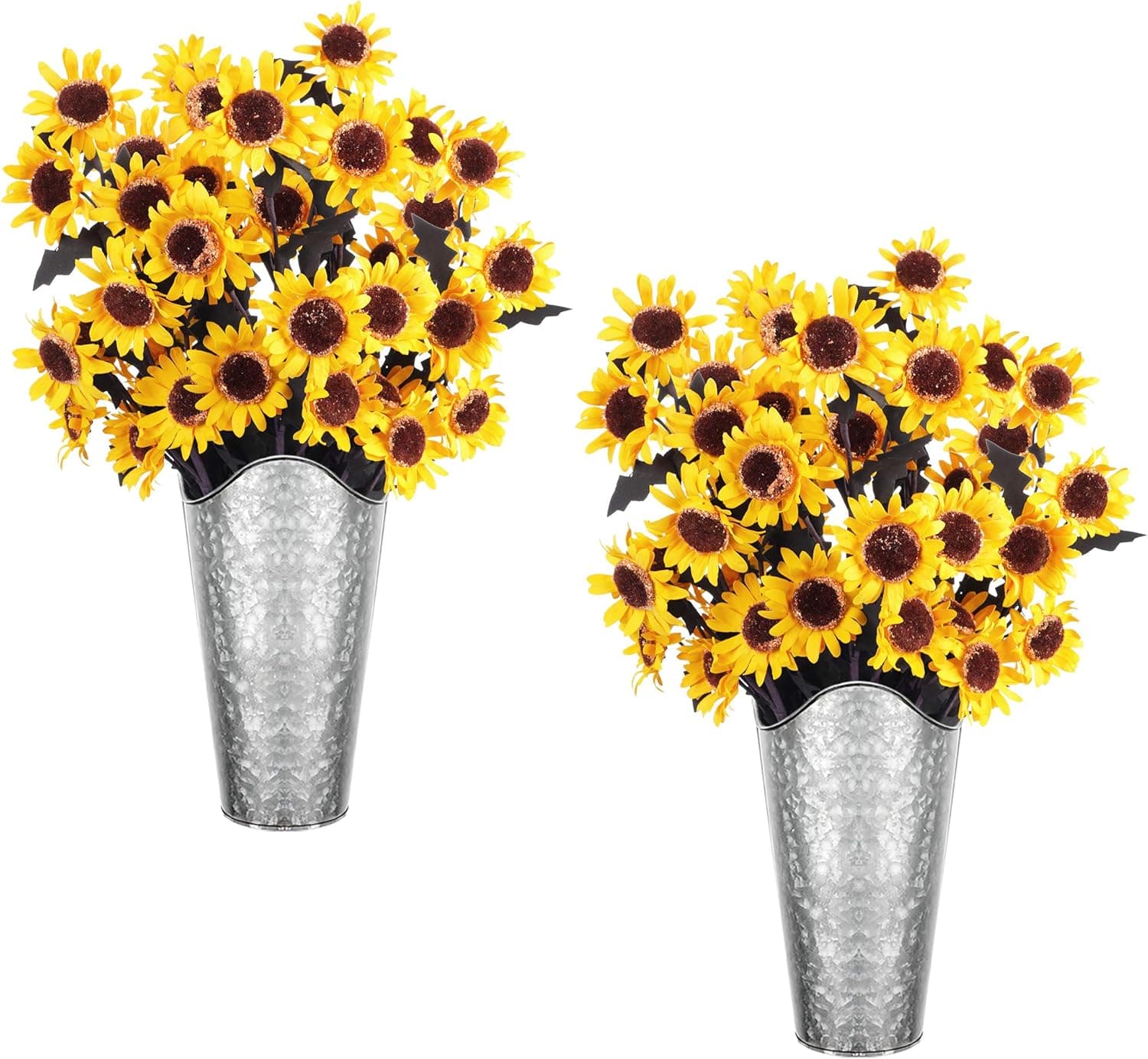 LIBWYS Galvanized Wall Planter 2 Sets and 8 Sunflower Stems Artificial Flower Metal Hanging Vase for Farmhouse Rustic Style Country Home Wall Decor
