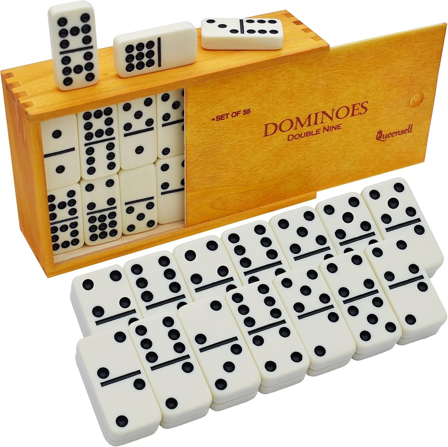 Dominoes Set for Adults for Families and Kids Ages 9 and up - Double Nine Dominoes Set for Classic Board Games - Domino Set for Family Games - Double Nine Dominos Set 55 Tiles with Wooden Case