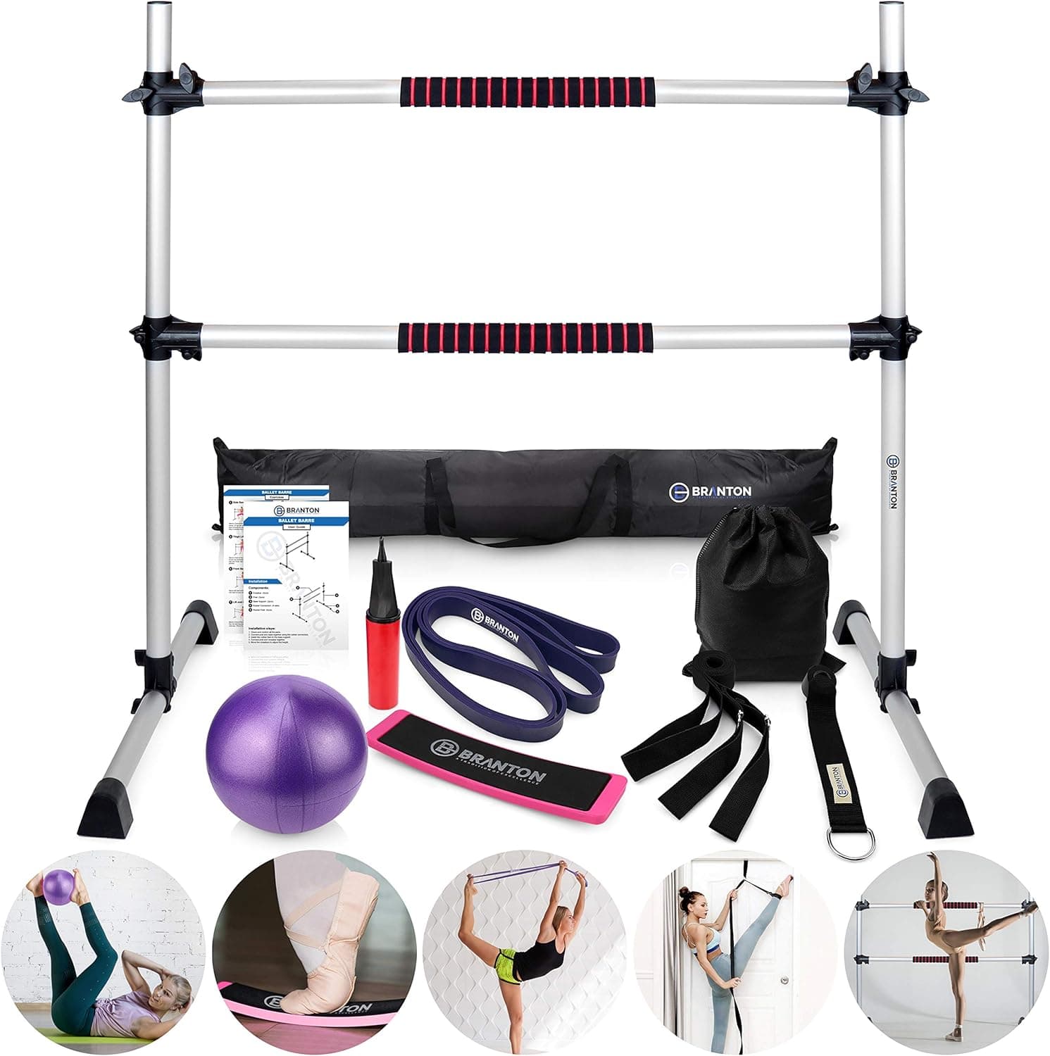 B BRANTON Ballet Barre Workout Equipment Bundle - 4’ Height Adjustable Lightweight 5 Piece Home Dance Set Including Ballet Bar and Leg Stretcher - Ballet Exercise Set for Home Practice