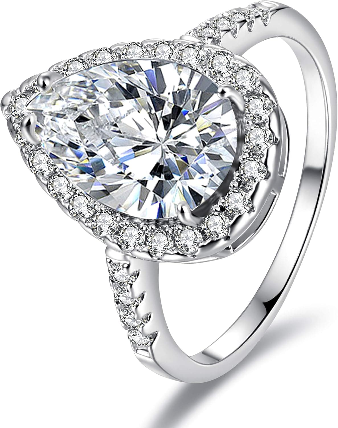 JIANGYUE Teardrop CZ Cubic Zirconia Solitaire Halo Promise Pear Shaped Engagement Wedding Bands Rings for Women, Rhodium Plated Big Stone Birthday Mothey's Day Jewelry Gift Size 7