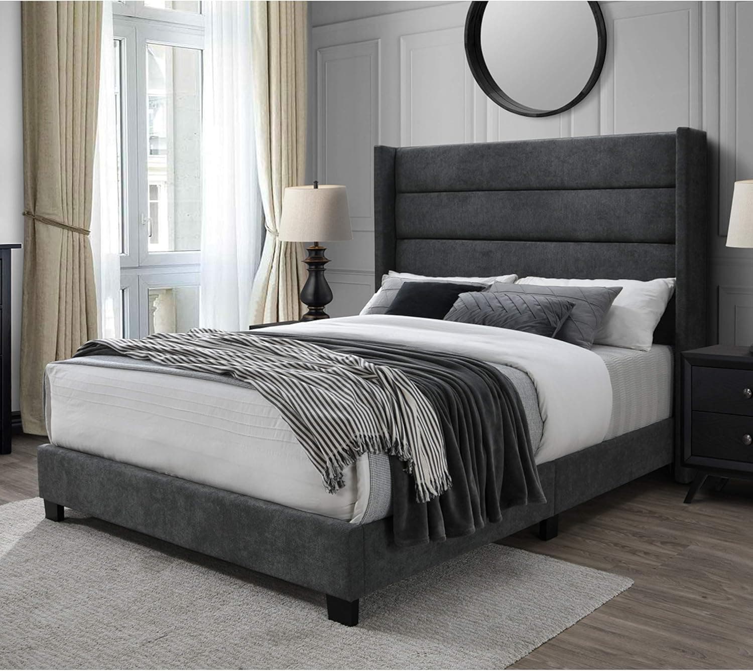 DG Casa George Upholstered Panel Bed Frame with Tall Tufted Horizontal Channel Wingback Headboard, Queen Size in Charcoal Fabric