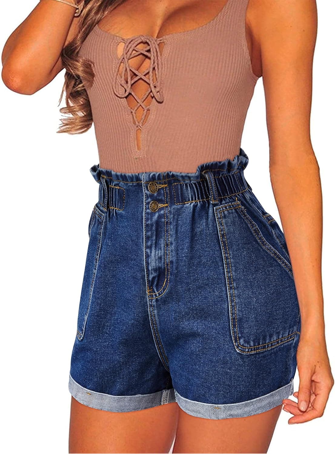 OUGES Women’s Casual Ripped Denim Shorts Stretchy Frayed Raw Hem Shorts Jeans