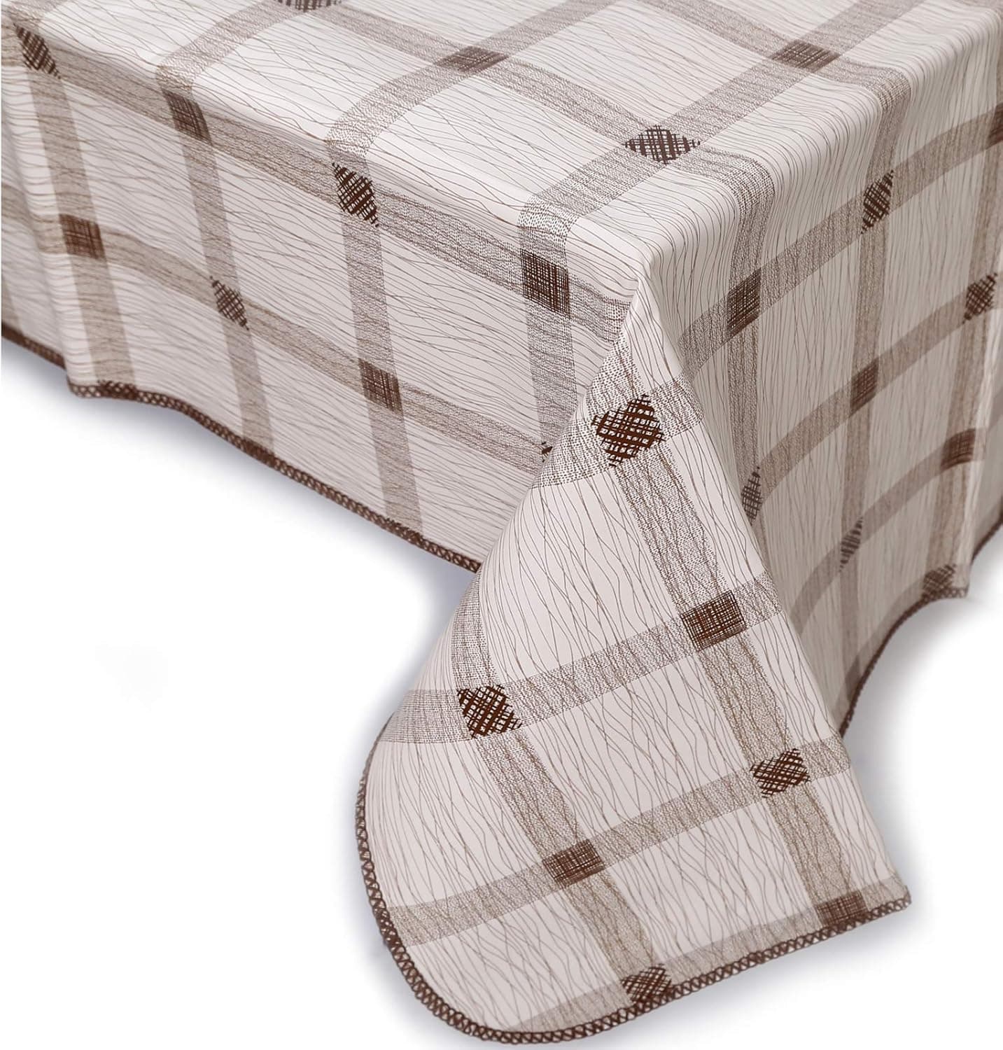 Decoser Heavy Duty Flannel Backed Vinyl Tablecloth with Flannel Backing Easy to Wipe-Clean Oilcloth Waterproof Plastic Square Rectangle Brown Checkered 55x55-55x71 inch Table Cover
