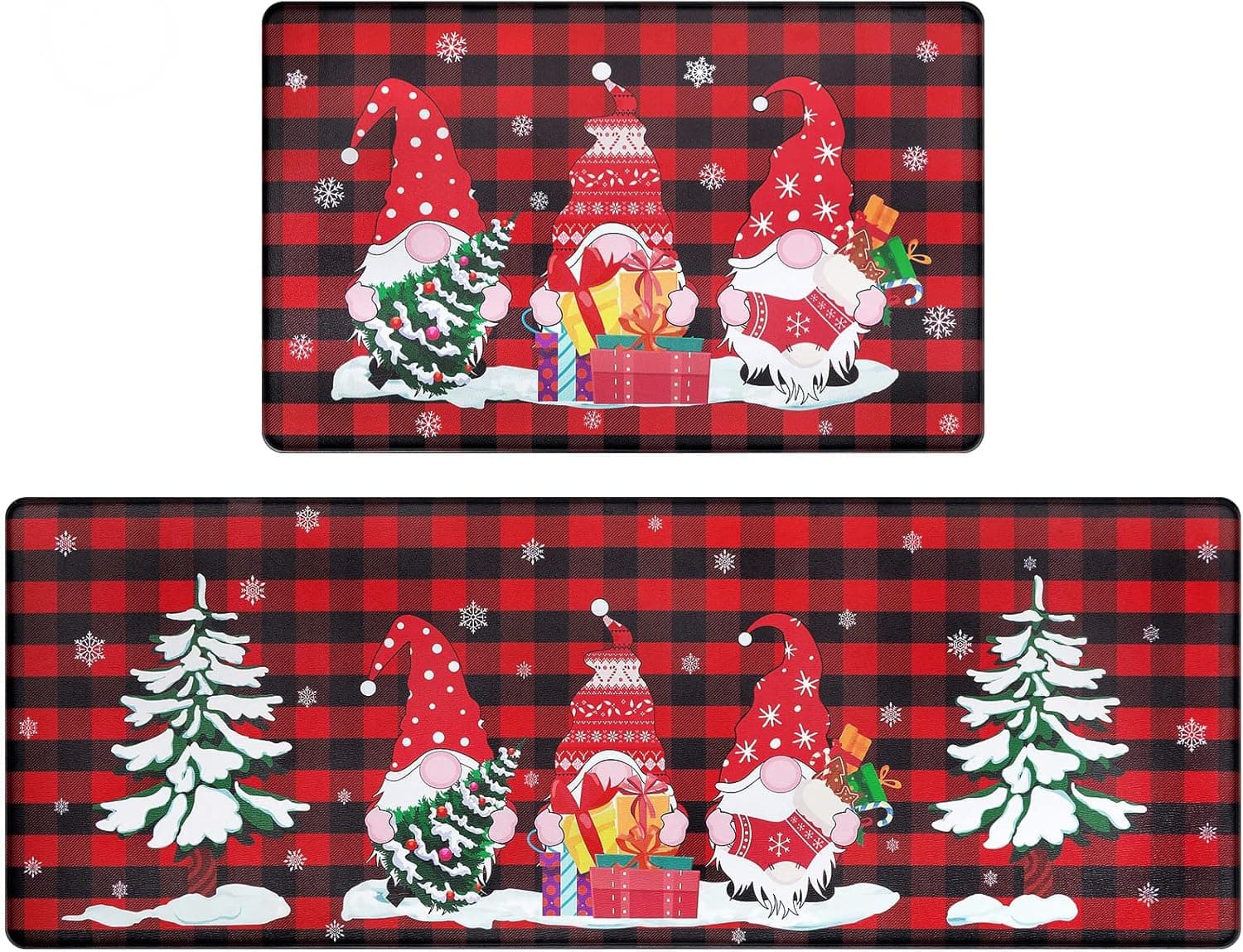 SHACOS Christmas Kitchen Mat 2 Pcs, Cushioned Anti-Fatigue Red Plaid Christmas Gnomes Kitchen Rugs, Waterproof Kitchen Mats and Rugs for Xmas, Comfort Rug for Kitchen, Red Buffalo 17"x27.5"+17"x47"