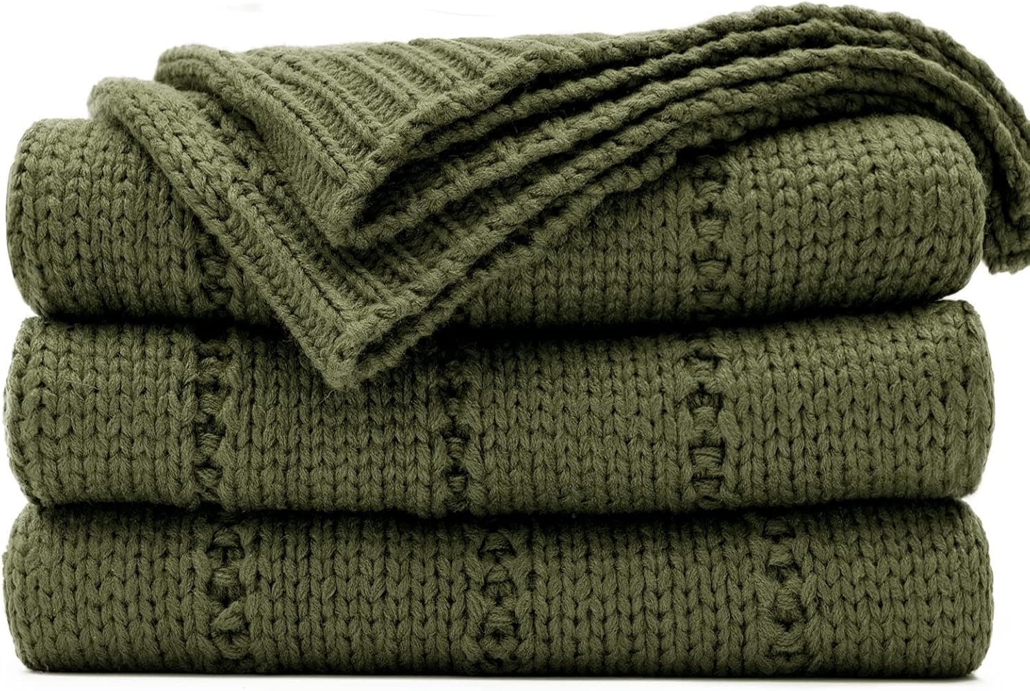 RECYCO Cable Knit Moss Green Throw Blanket Twin Size for Couch, Super Soft Warm Cozy Decorative Knitted Throw Blanket 3.6LB for Bed, Sofa, Chair Large 60"x80"