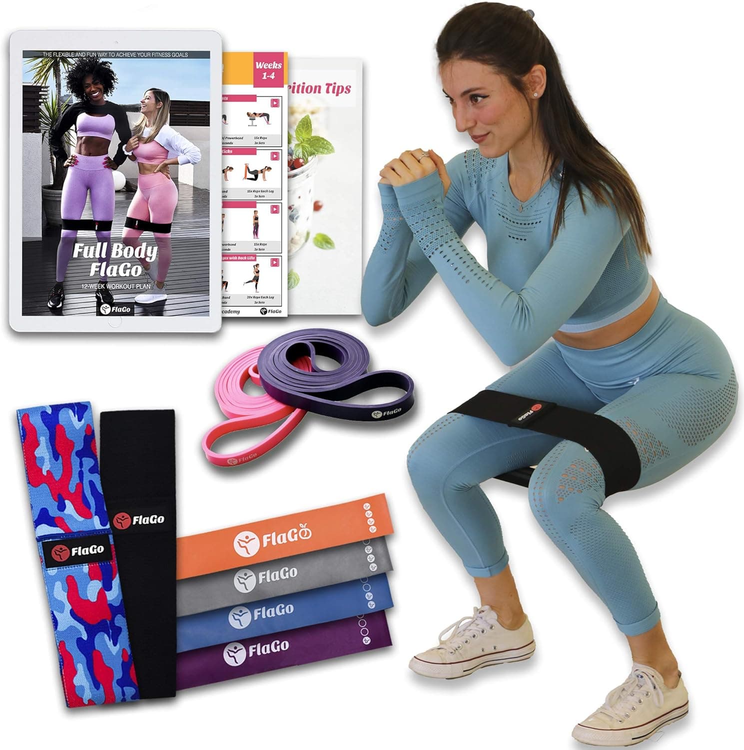 FlaGo Fitness Kits - Professional Quality Resistance Loop Exercise Bands - Full Length Full Body Workout Videos Online - Tutorial Videos - Exercise Guide
