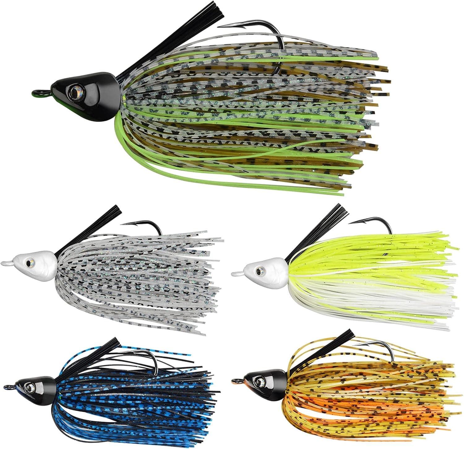 MadBite Swim Jig Fishing Lures, Heavy Brush Guard, Silicone Skirt, Sticky-Sharp Heavy-Wire Needle Point Hooks, Popular 3/8 oz Sizes, 5 pc Multi-Color Kits, Includes Storage Box