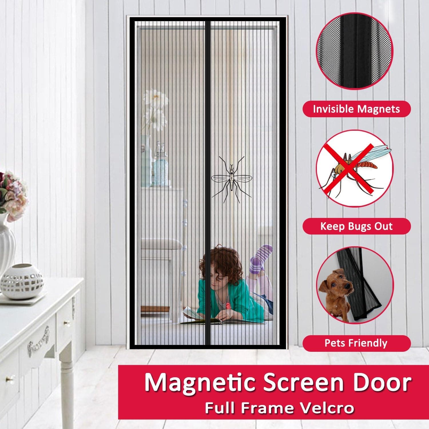 Magnetic Screen Door, Easylife® Heavy Duty Full Frame Velcro Mesh No Mosquitoes or Flying Insects Any More Fit Door Openings Up To 34"(W) x82(H)" MAX (Black)