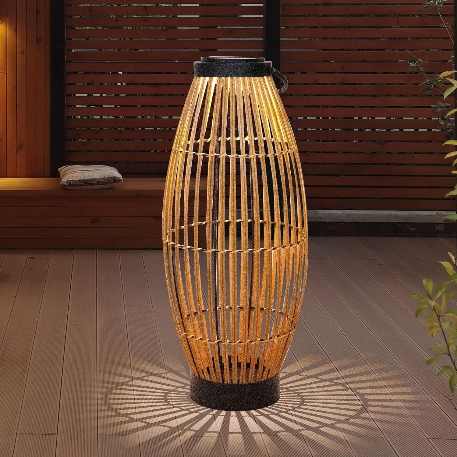 pearlstar Solar Floor Lamp Outdoor Decorations for Patio 24" Large Natural Wicker Rattan Solar Powered Lantern Outdoor Lighting Waterproof for Garden Yard Lawn Deck Pool Porch Driveway Pathway