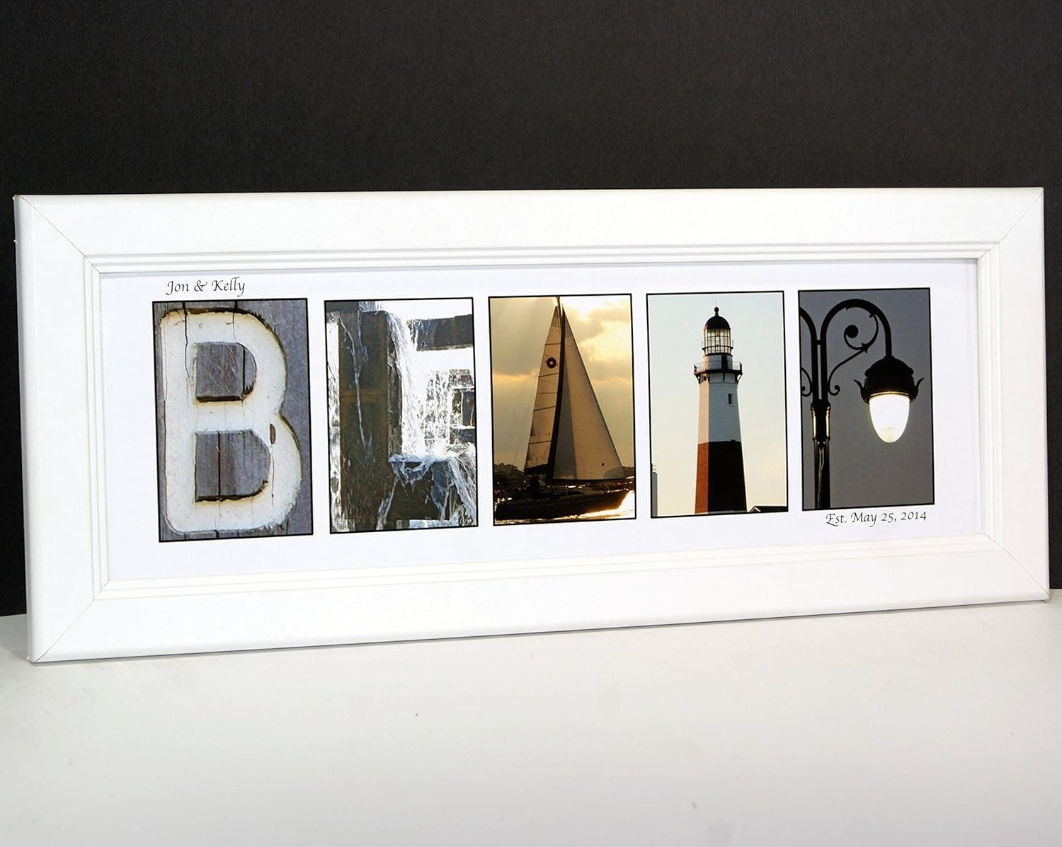 Creative Letter Art - Personalized Framed Name Sign with Beach and Nautical Related Alphabet Photographs Including Cotton White Self Standing Frame