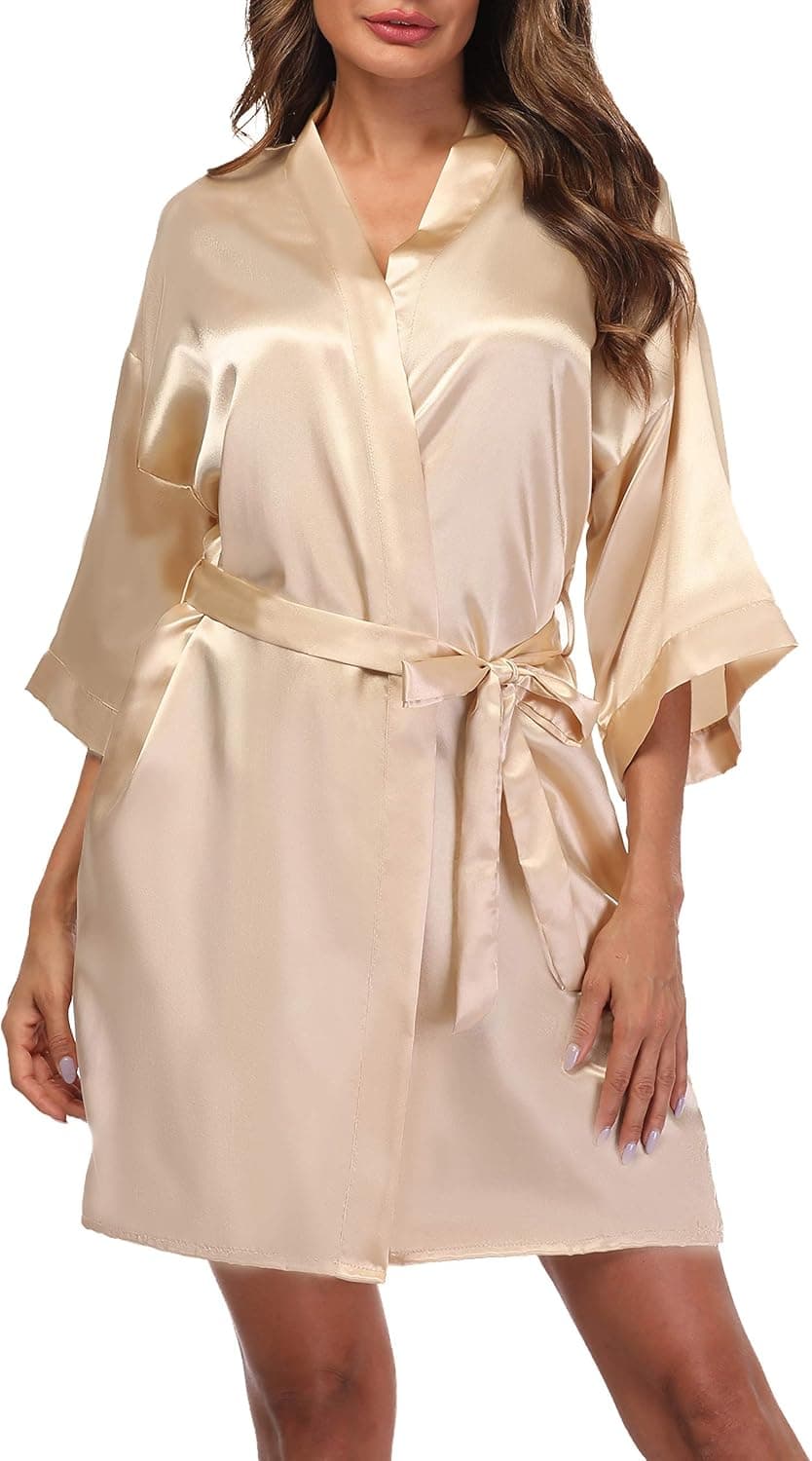 Women's Satin Kimono Robes Short Silky Bathrobe Solid Color/Floral Bridal Wedding Party