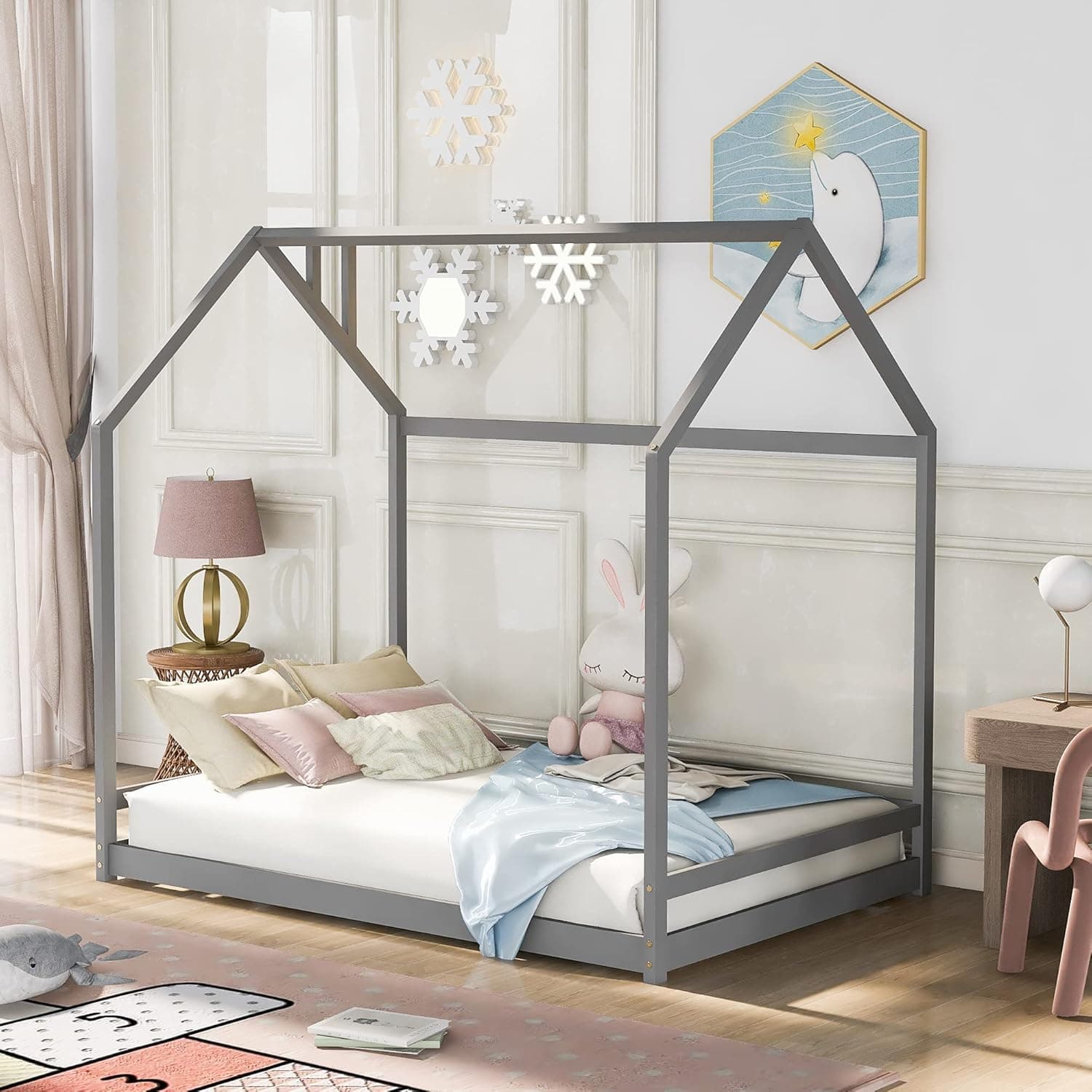 SOFTSEA Full House Bed Frame for Kids, Wood House Platform Bed Frame Floor Bed for Kids, Box Spring Needed,Easy Assemble, Gray