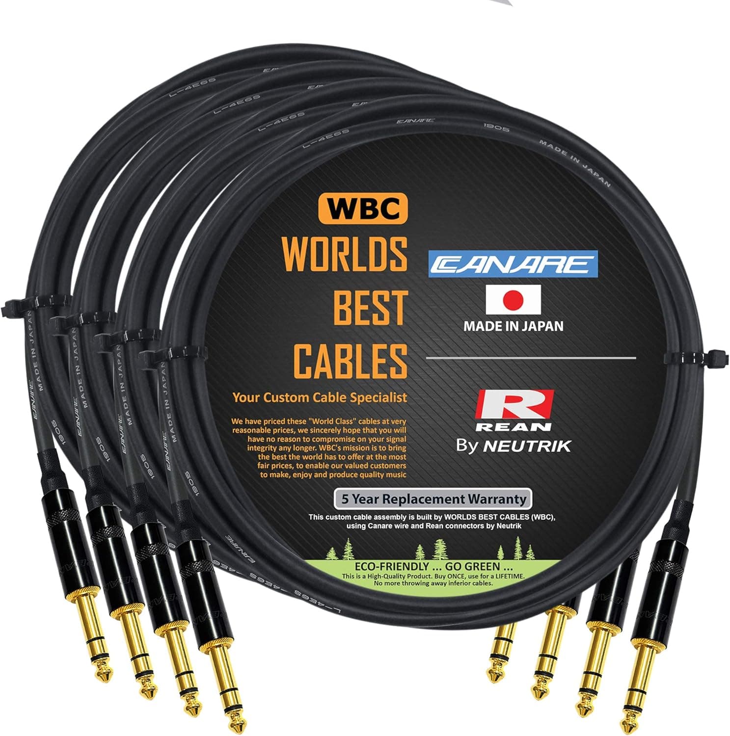 4 Units - 3 Foot - Canare L-4E6S Star Quad, Patch Cable terminated with Neutrik-Rean NYS ¼ Inch (6.35mm) Gold TRS Stereo Phone Plugs - CUSTOM MADE By WORLDS BEST CABLES.