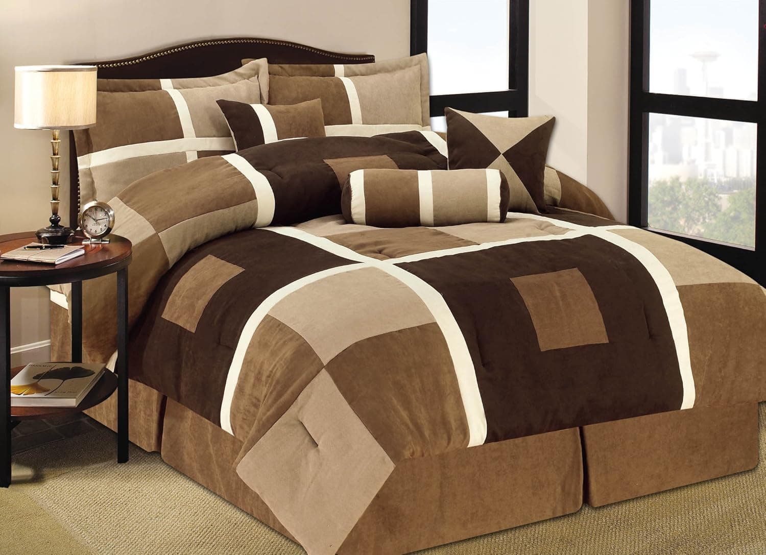 7 Pieces Brown & Beige Geometric Pattern Suede Patchwork Comforter Bedding Set Washable Queen Size