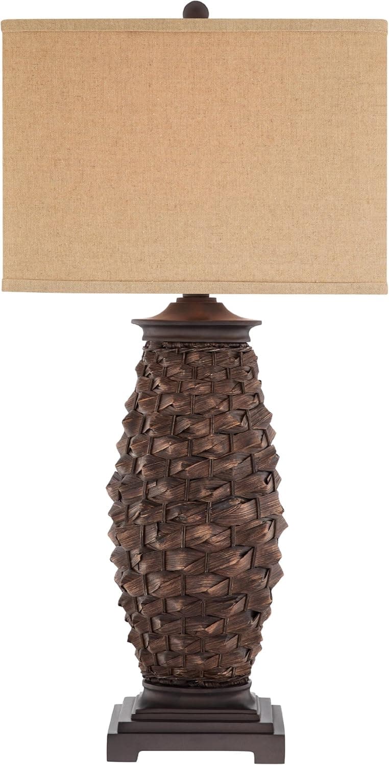 Catalina 19087-000 3-Way 35-Inch Natural Rattan Table Lamp with Espresso Finish and Natural Linen Hardback Shade
