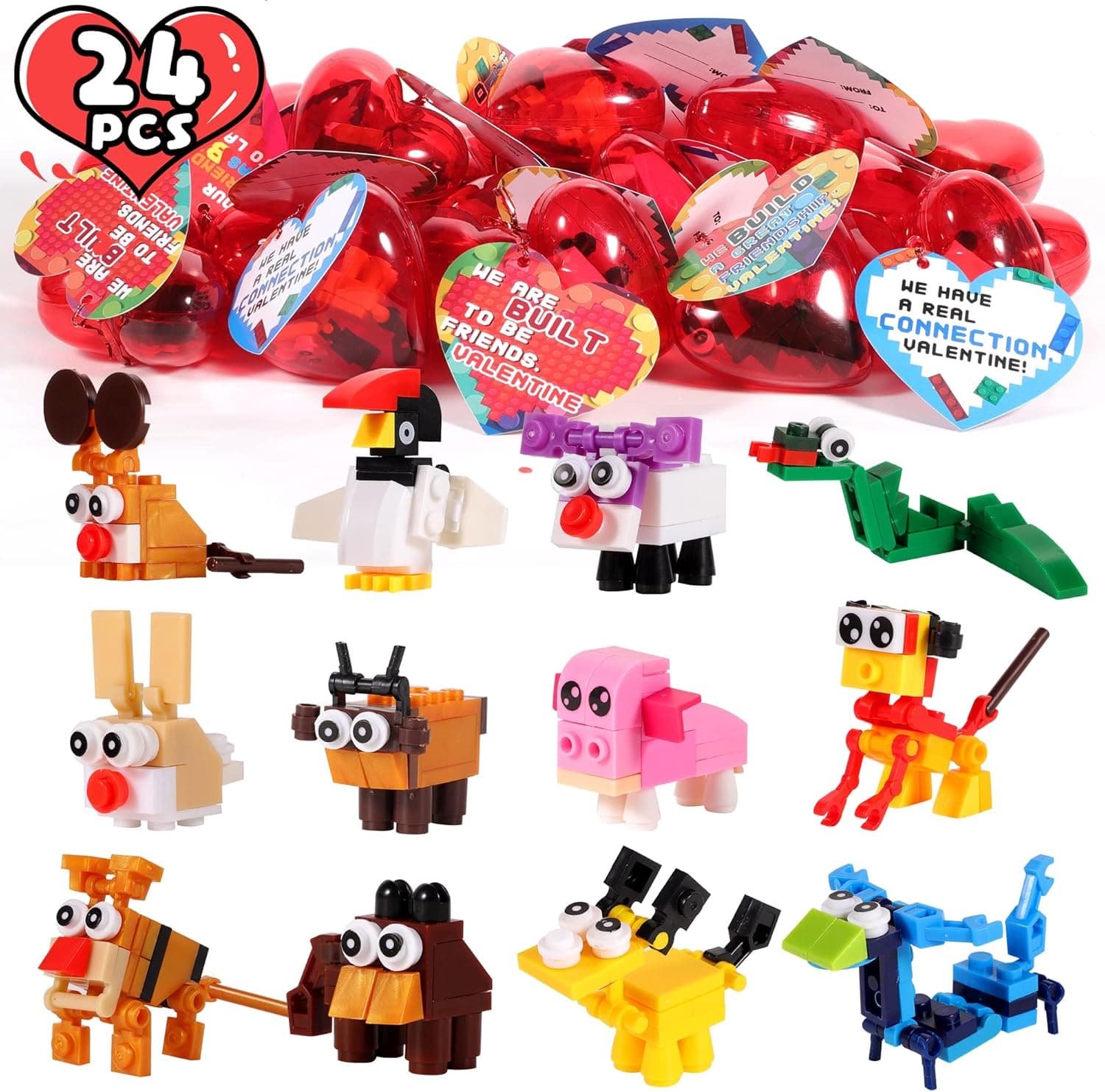 FiGoal 24 Pack Valentines Day Prefilled Hearts with Valentine Cards Filled with Animal Building Blocks for Valentine Party Favor