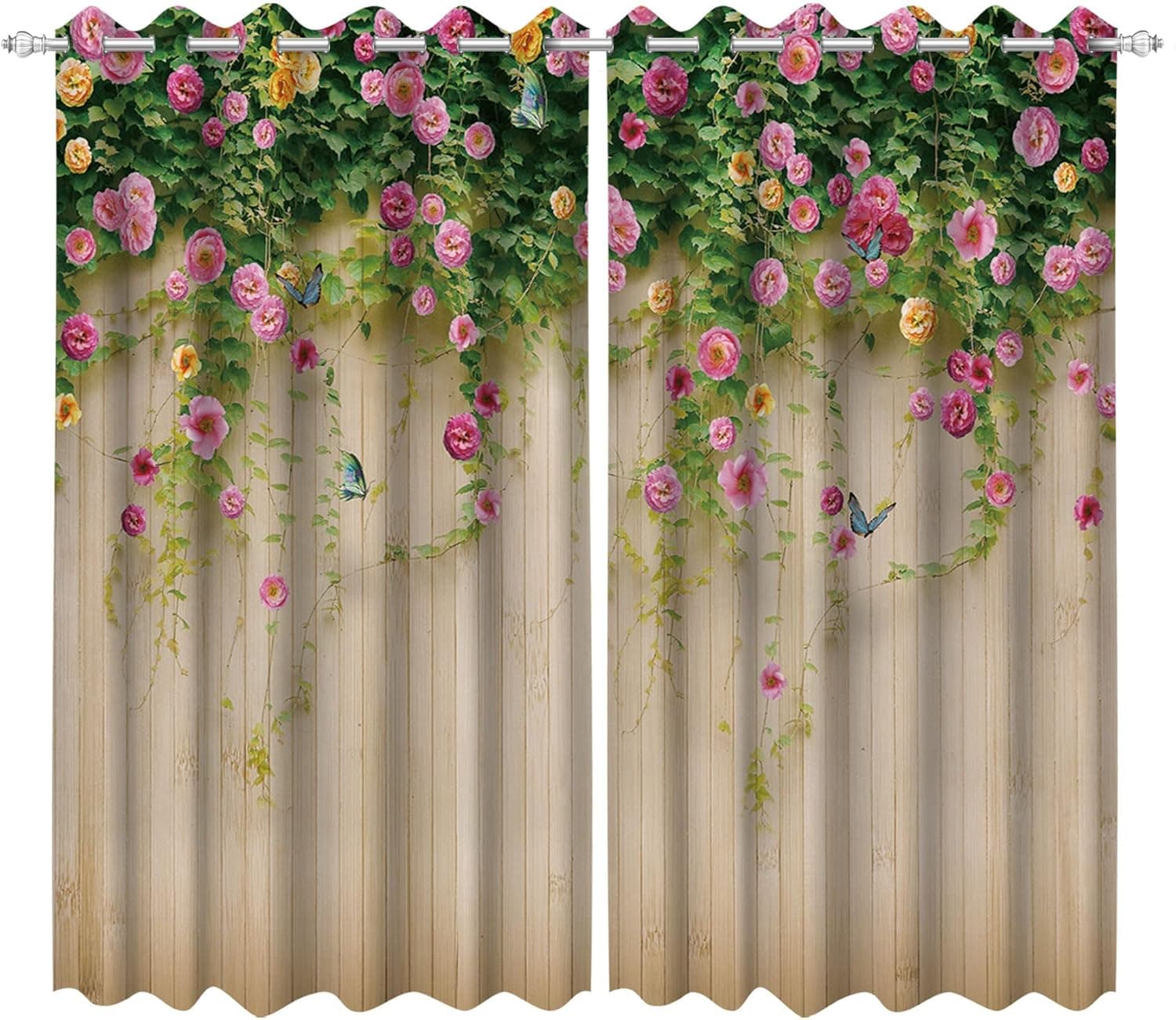 LB Vintage Flower Window Curtain Panels, Colorful Floral Green Leaf on Beige Wood Window Curtain for Kitchen Living Room Blackout Window Treatment Drapes 2 Panels,42 x 84 Inches