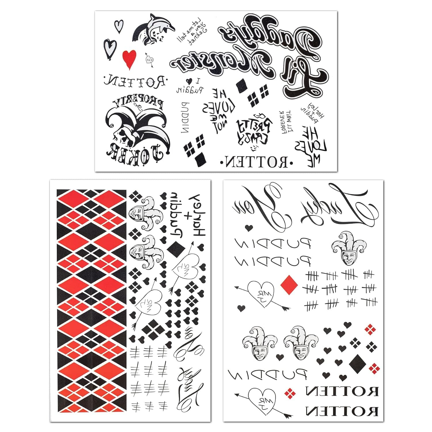 3 Sheets Harley Quinn Tattoos, Realistic & Last Long Halloween Fake HQ Temporary Tattoo Sticker for Women - All Versions - Perfect for Halloween Cosplay Costume Party Makeup Accessories