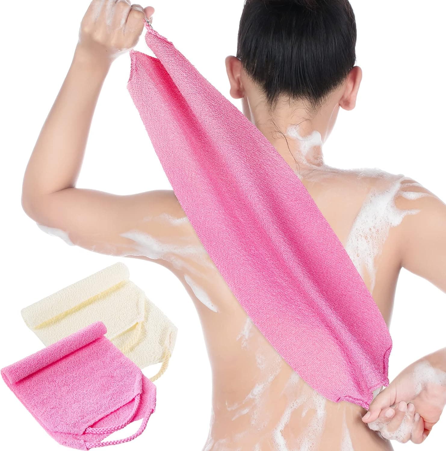 Back Scrubber for Shower Exfoliating Washcloth Back Cloth Body Extended Length Scrubber Towel Nylon Exfoliating Stretchable Pull Strap Wash Cloth for Bath Body Scrub Washcloth 2 Pack (Pink,White)