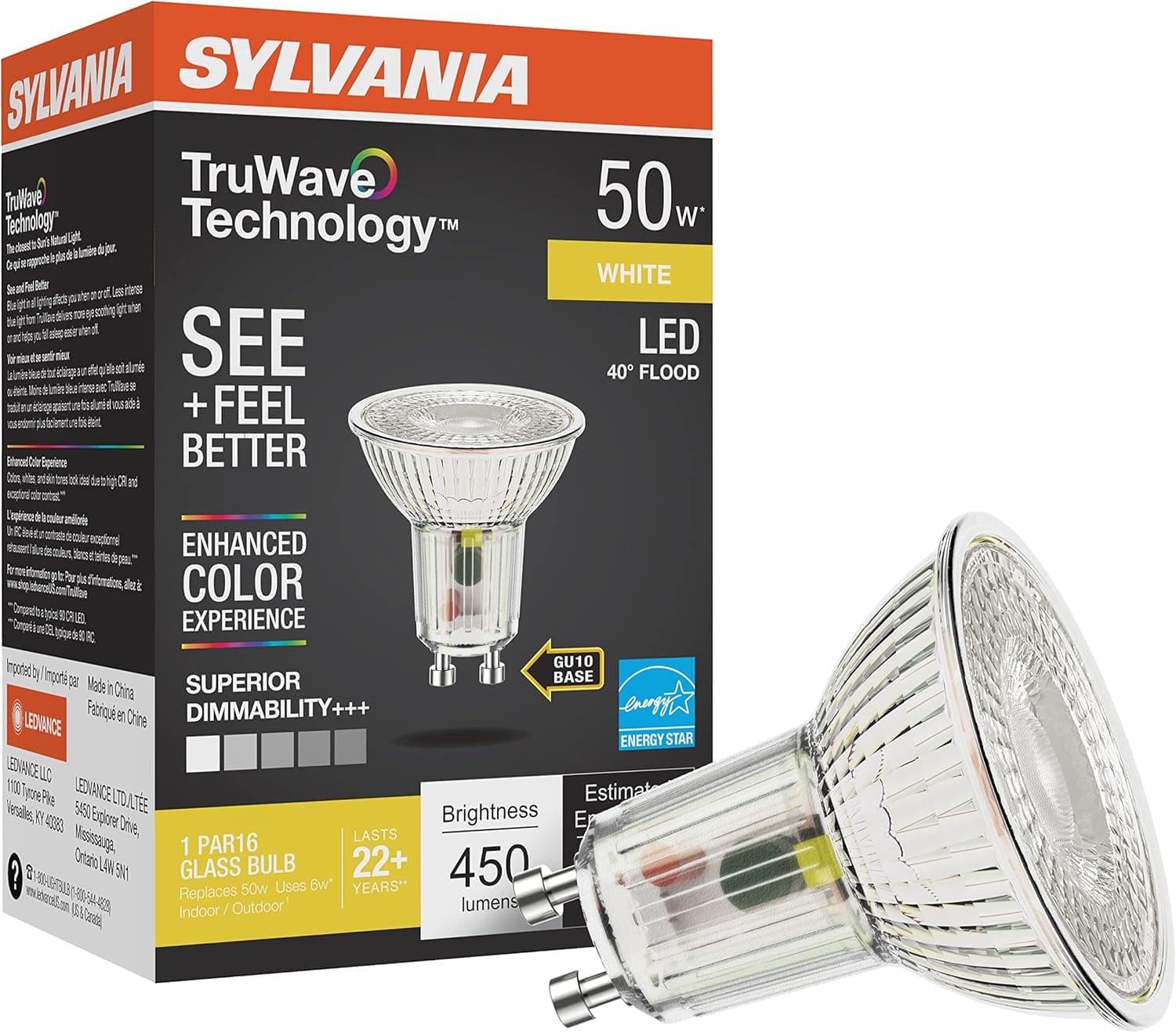 Sylvania LED TruWave Natural Series PAR16 Light Bulb, 50W Equivalent Efficient 6W, GU10 Bi-Pin Base, Dimmable, 3000K, White - 1 Pack (40932)