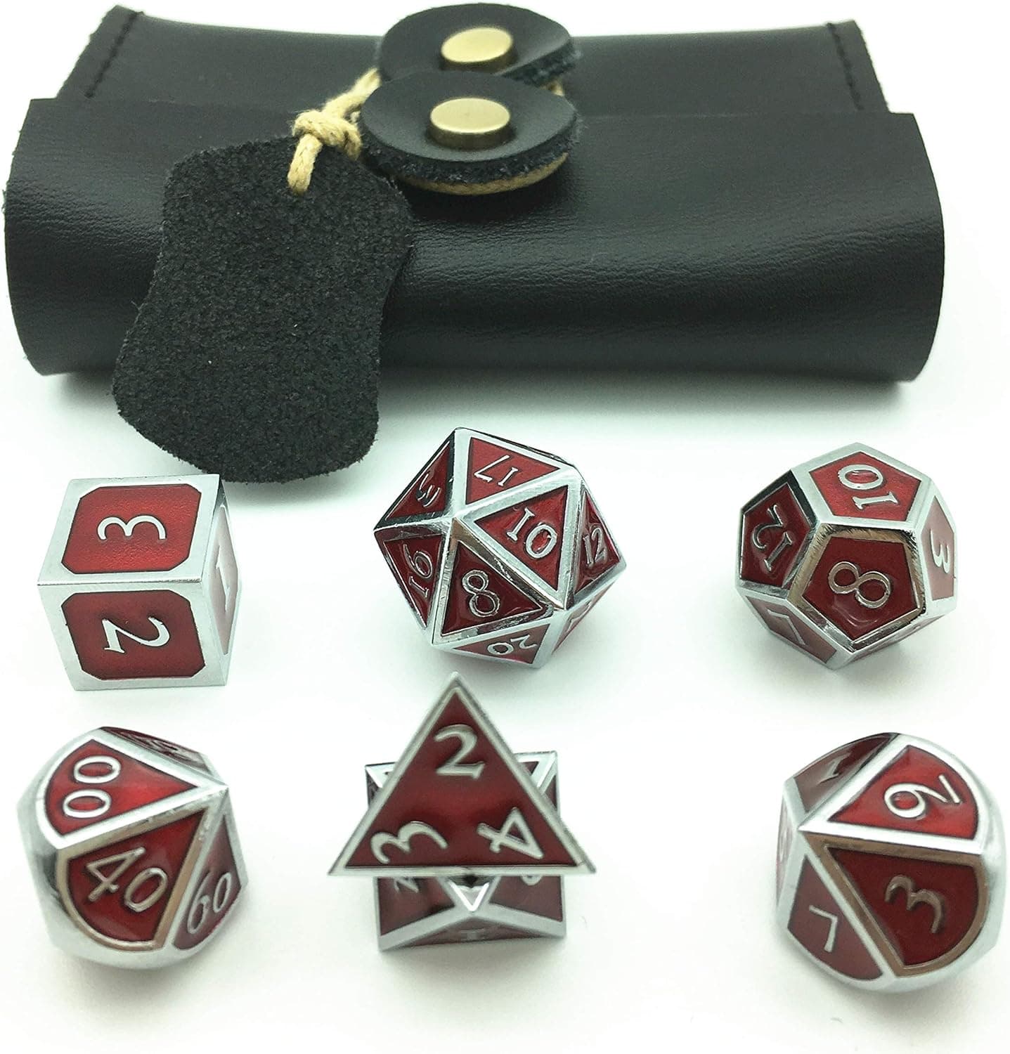 Amatolo Polyhedron Solid Tweezers, Metallic Dice fo RPG,Chrome Color & Blood-red Background. (Set of 7 + Black PU Bag)