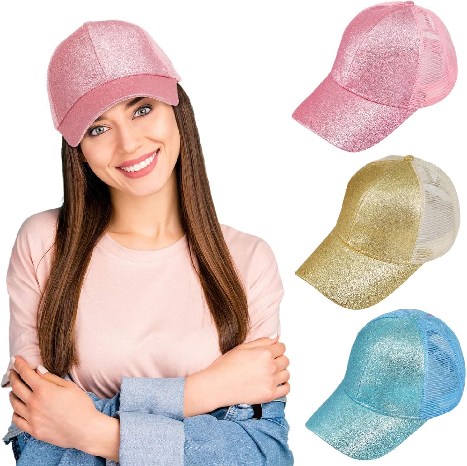 Syhood 3 Pieces Glitter Ponytail Baseball Cap for Women Girls Baseball Cap Messy Buns Ponytail Cap Visor Cap