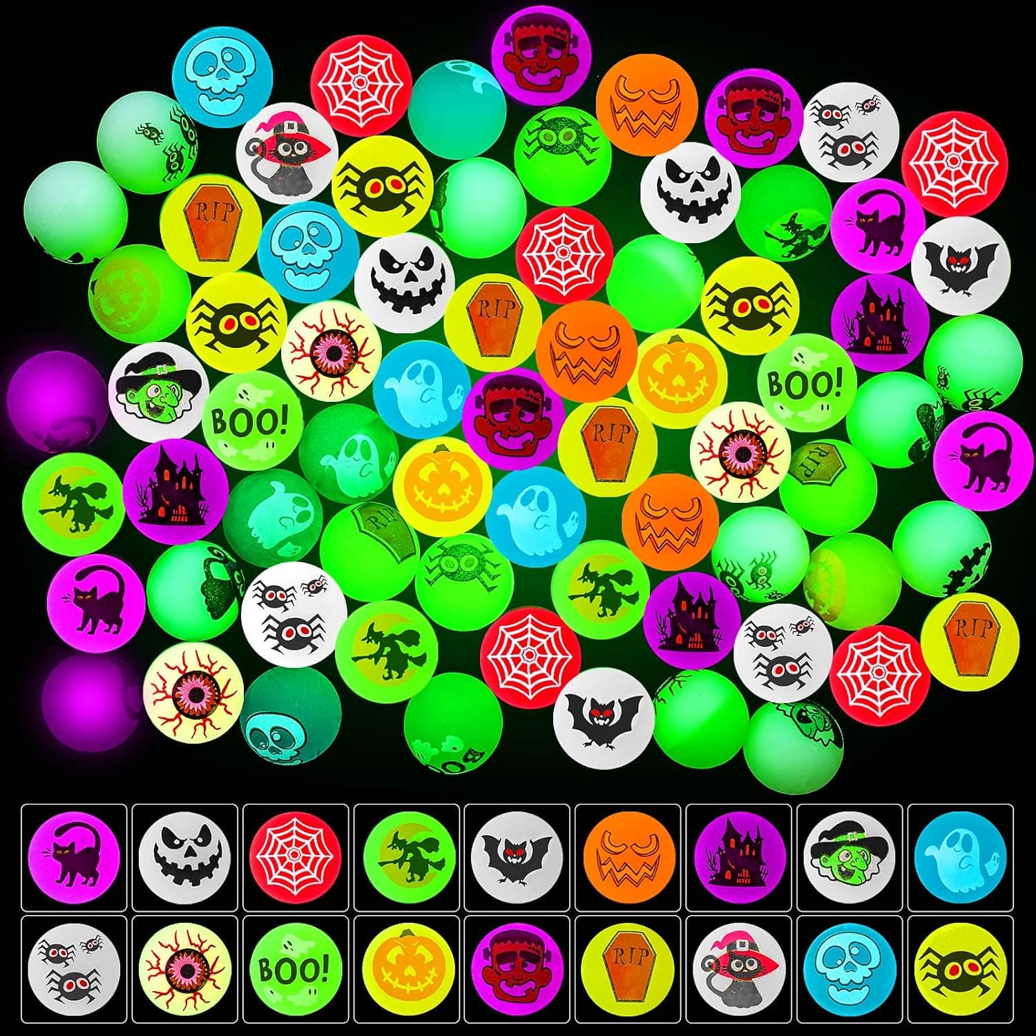 MGparty 72 PCS Glow in The Dark Bouncy Balls 18 Halloween Theme Designs Bouncing Balls for Kids Girls Boys Halloween Party Favors Supplies Classroom Rewards Pinata Goodie Bag Treat Bags Gifts Fillers