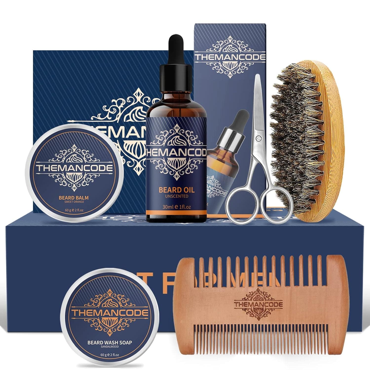 THEMANCODE Beard Grooming Kit w/ Beard Wash Soap, Beard Oil, Beard Conditioner Balm, Beard Brush, Beard Comb, Beard Shaving Scissors, Beard Growth Beard Care Gifts for Men
