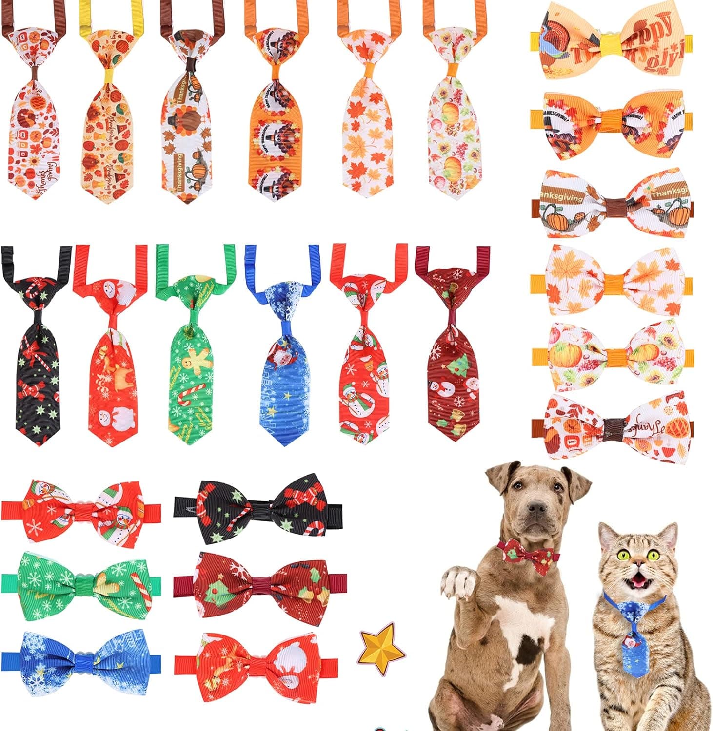 24 Pieces Dog Christmas Bow Tie Dog Neckties Set 12 Dog Bow Ties and 12 Dog Neckties Assorted Festival Theme Adjustable Small Pet Dog Necktie for Christmas Festival Dog Cat Collar Accessories