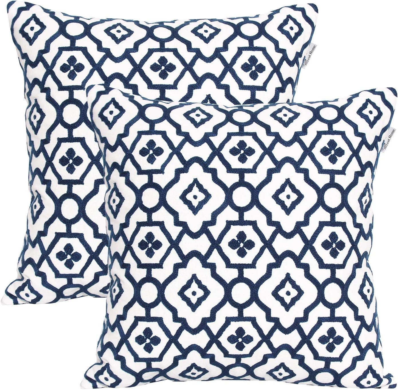 ACCENTHOME 100% Cotton Geo Theme Crewel Embroidery Throw Pillow Cover in 18x18 (45x45cm) for Living Room, Sofa, Couch, Outdoor in Navy Color