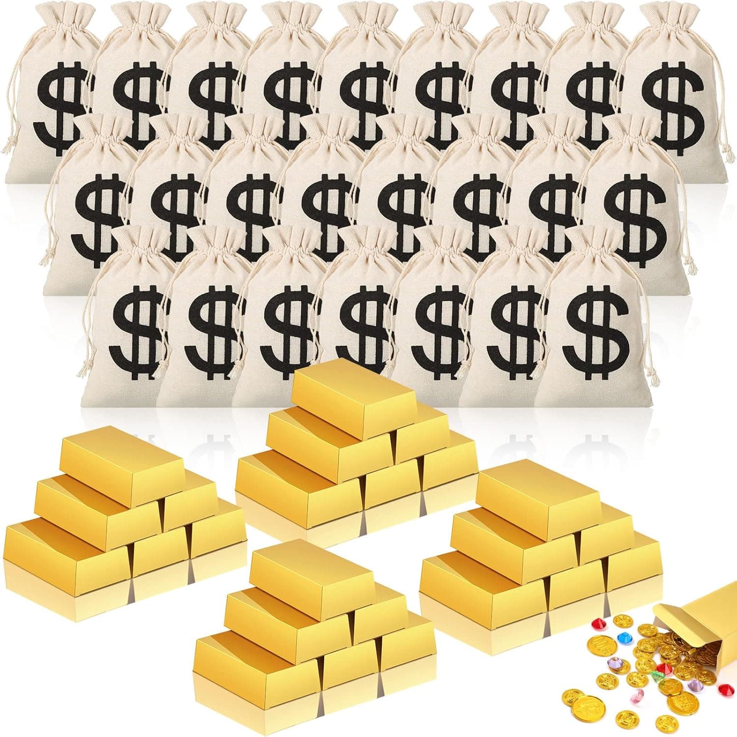 24 Pieces Canvas Money Bag Pouch with Drawstring and 24 Pieces Gold Bar Party Boxes 7 x 4.33 Inch Money Bag Pirate Gold Boxes for Children Toys Presents Crafts Pirate Theme Birthday Party Supplies