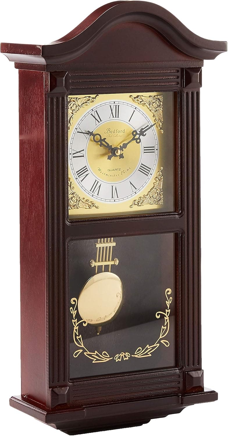 Bedford Clock Collection BED1423MAH Small Wood Wall Clock with Brass Pendulum and 4 Chimes, 22 Inch, Mahogany Cherry Oak