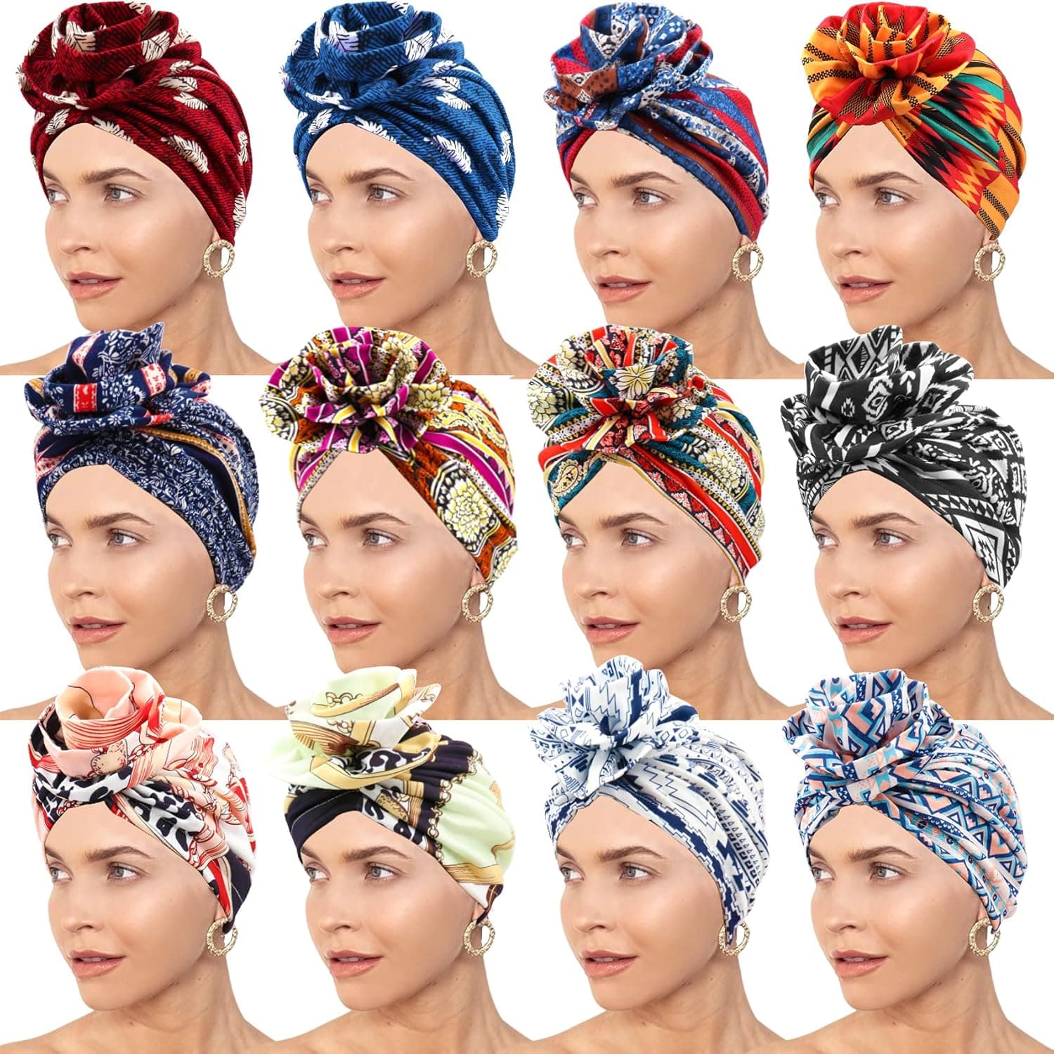 Messen 12 Pieces African Turban Headwrap for Women Knot Pre-Tied Bonnet Cap