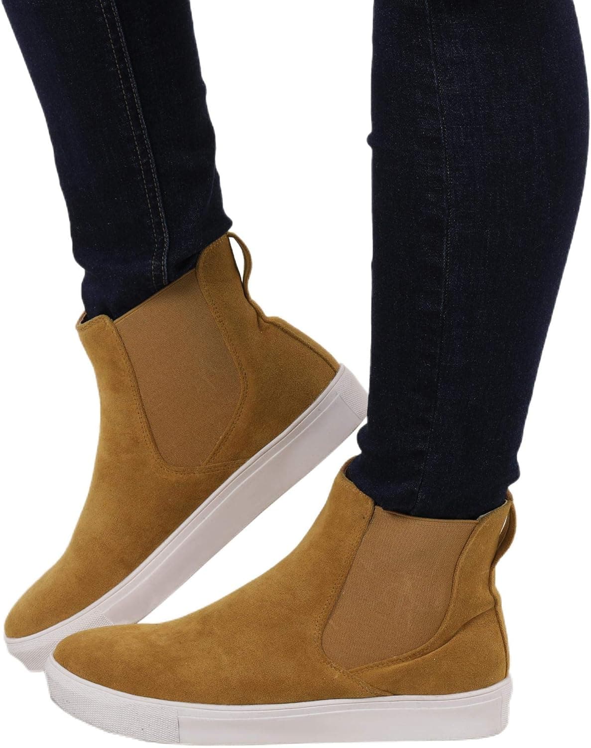 Chellysun Womens Slip on High Top Sneakers Chelsea Fashion Casual Platform Flat Ankle Boots Brown