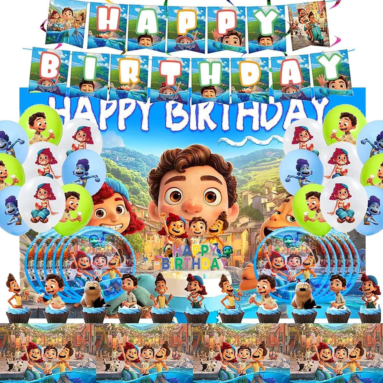 Lokie Lu-ca Birthday Party Supplies, Lu-ca Birthday Decorations Set Includes Happy Birthday Banner, Backdrop, Plates, Tablecloth, Cake Toppers and Latex Balloons