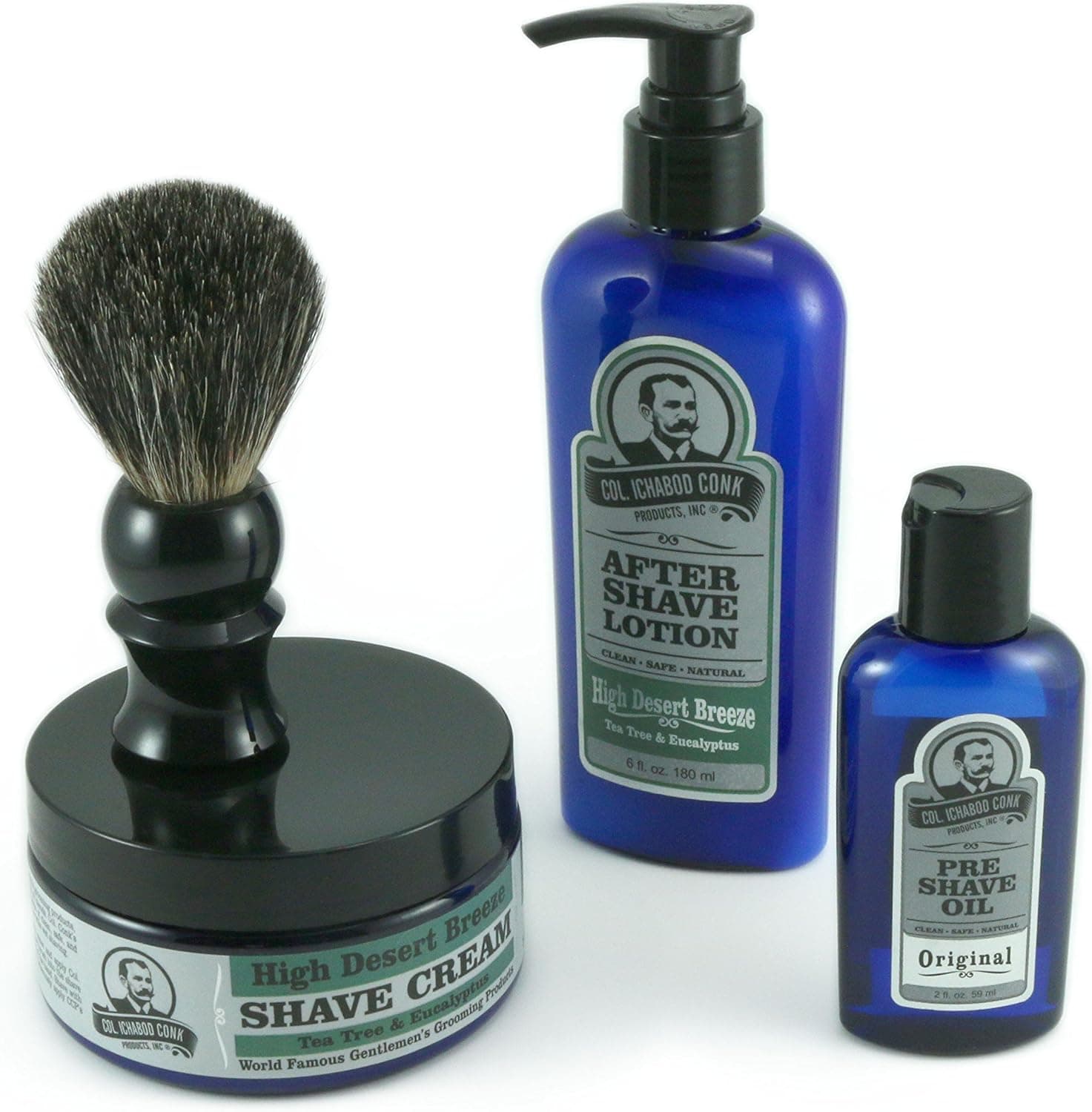 Colonel Conk All Natural 4 Step Shaving kit High Desert Breeze Shaving Cream, Badger Brush, Pre Shave Oil and Aftershave Balm Made in The USA