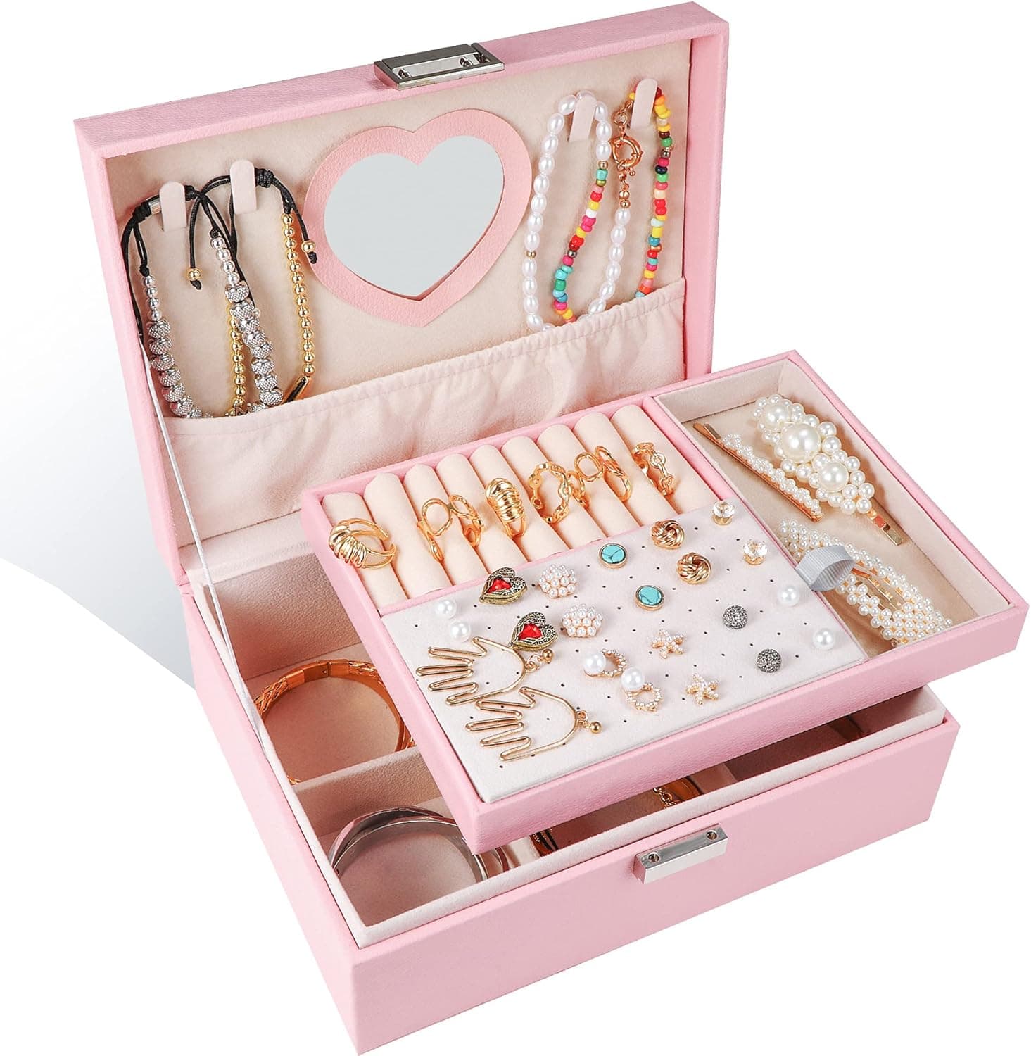 valunell Jewelry Box for Girls Two-Layer PU Leather Jewelry Organizer Box With Lock and Heart Mirror