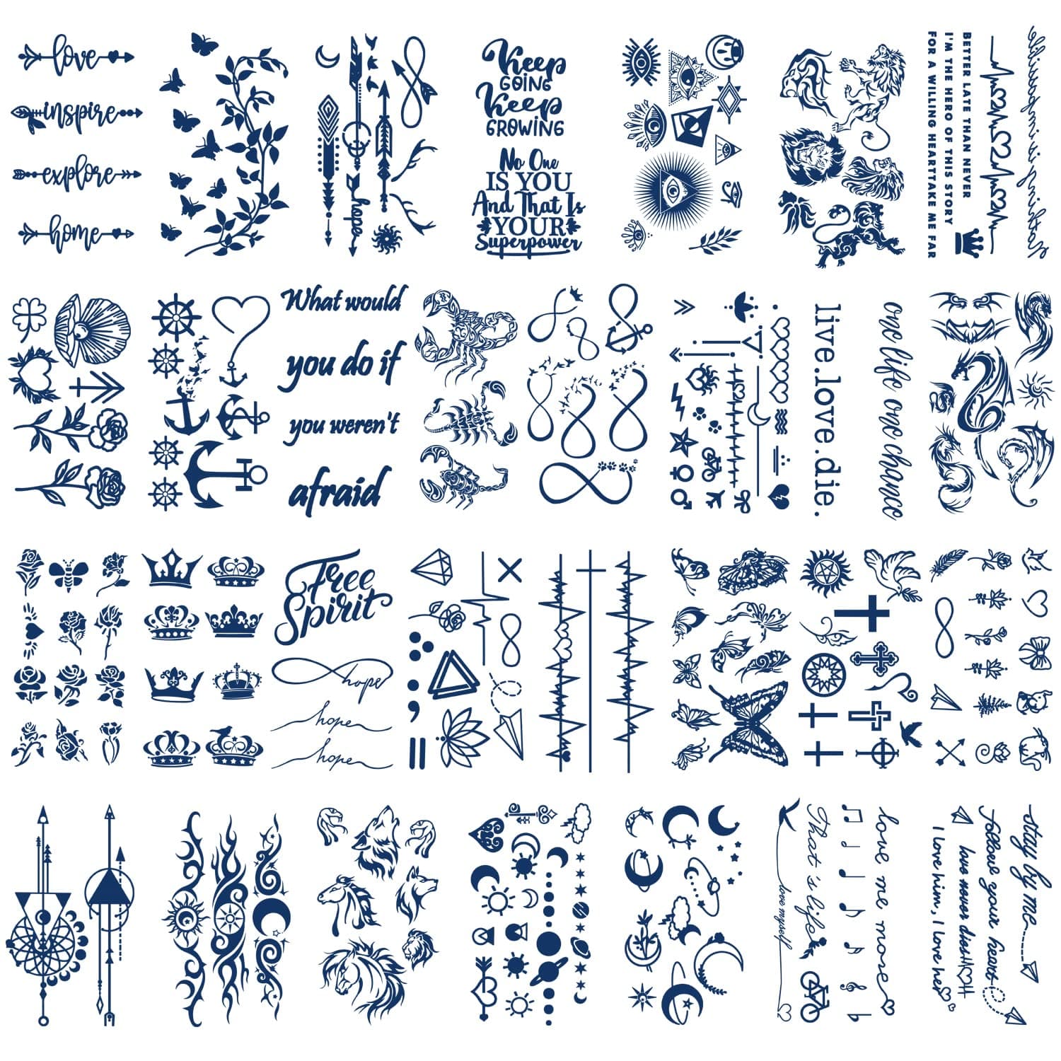 30 Sheets Semi-Permanent Tattoos for Women Girls Kids Realistic Waterproof Temporary Tattoos Crown Floral Rose Dark Blue Fake Tattoos, Lasting 1-2weeks Tiny Tattoo Stickers (Flower)