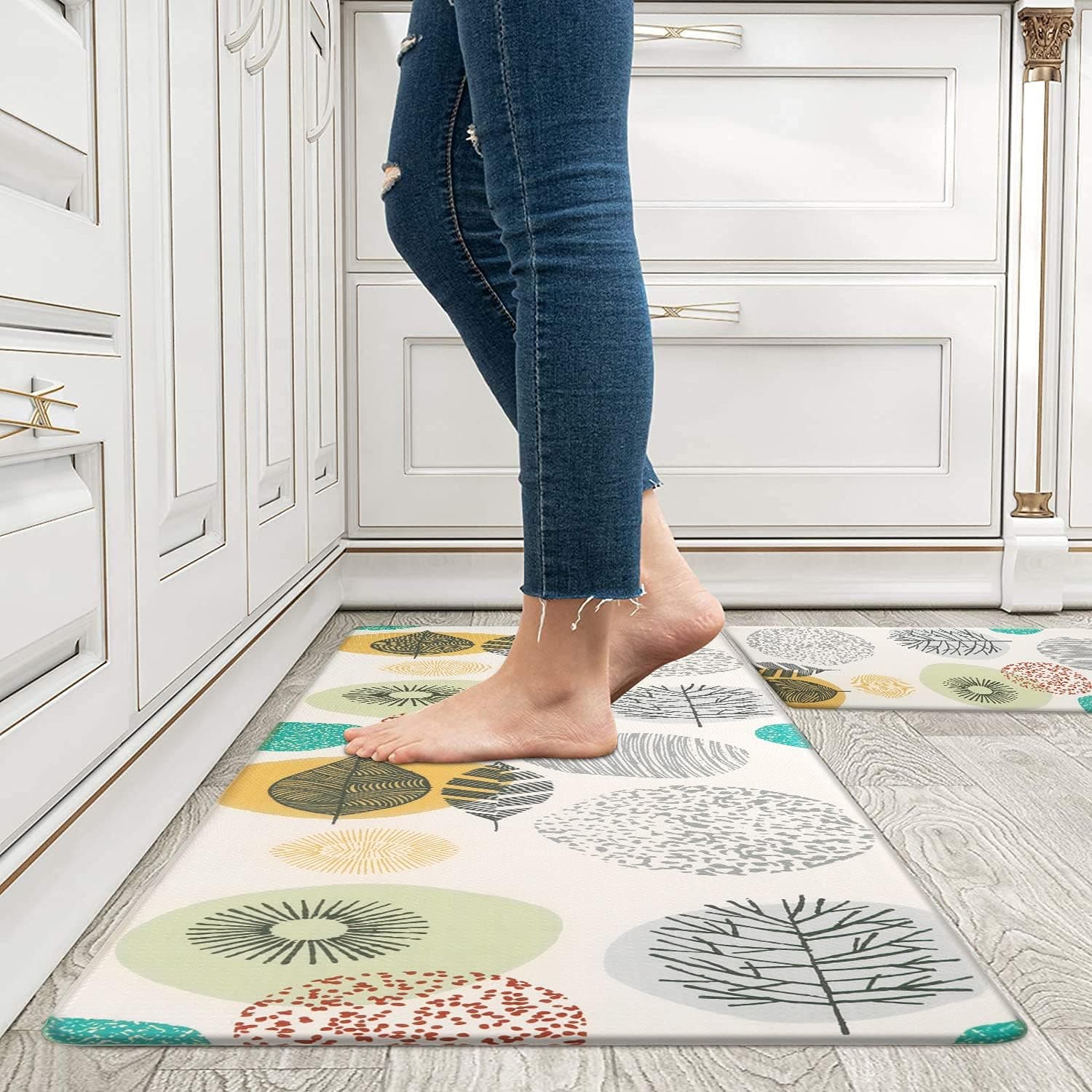 Ailsan Kitchen Mat Set of 2 Cushioned Anti Fatigue Mat, Flowers Print Cushioned Kitchen Rug 18"x47"+18"x30", Waterproof Non Slip Comfort Kitchen Mats for Floor, Memory Foam Kitchen Rugs and Mats
