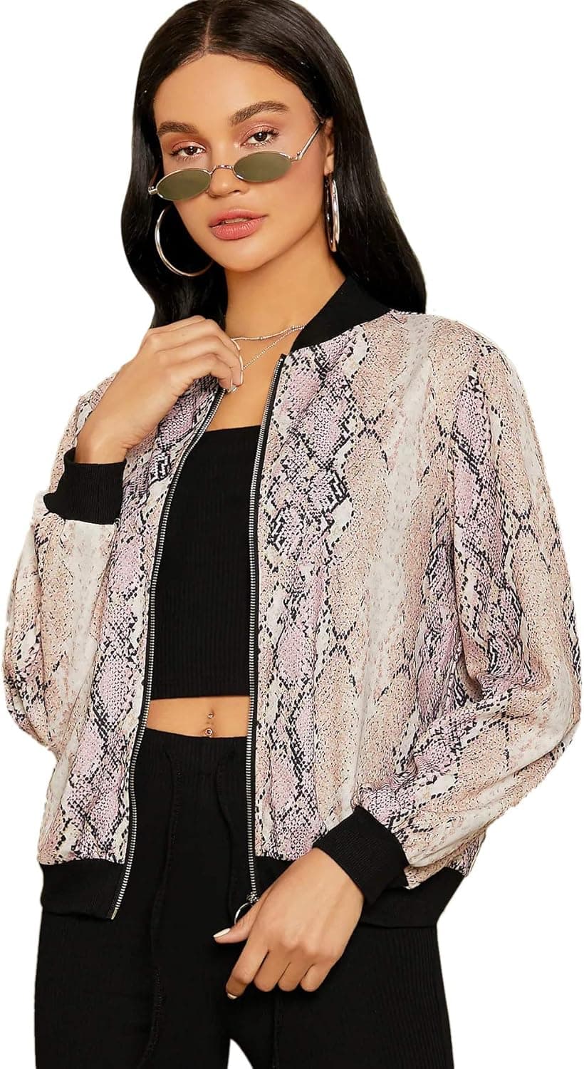 Floerns Women's Snakeskin Print Short Bomber Jacket